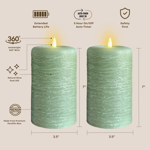 Signature Natural Glow Flameless Wax Pillar 2 Pack LED Candle 3.5" x 7" Sage Green