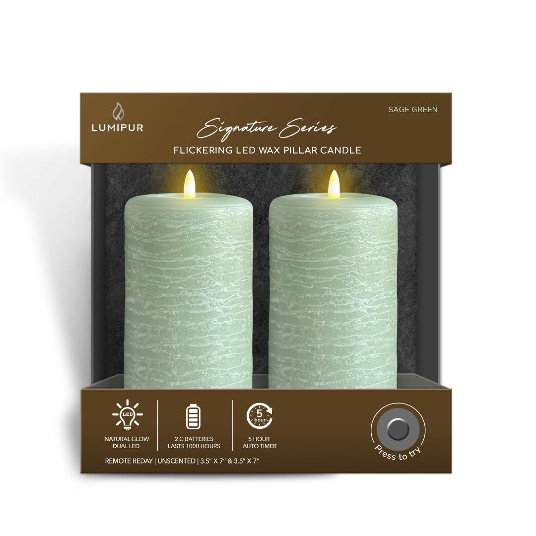 Signature Natural Glow Flameless Wax Pillar 2 Pack LED Candle 3.5" x 7" Sage Green
