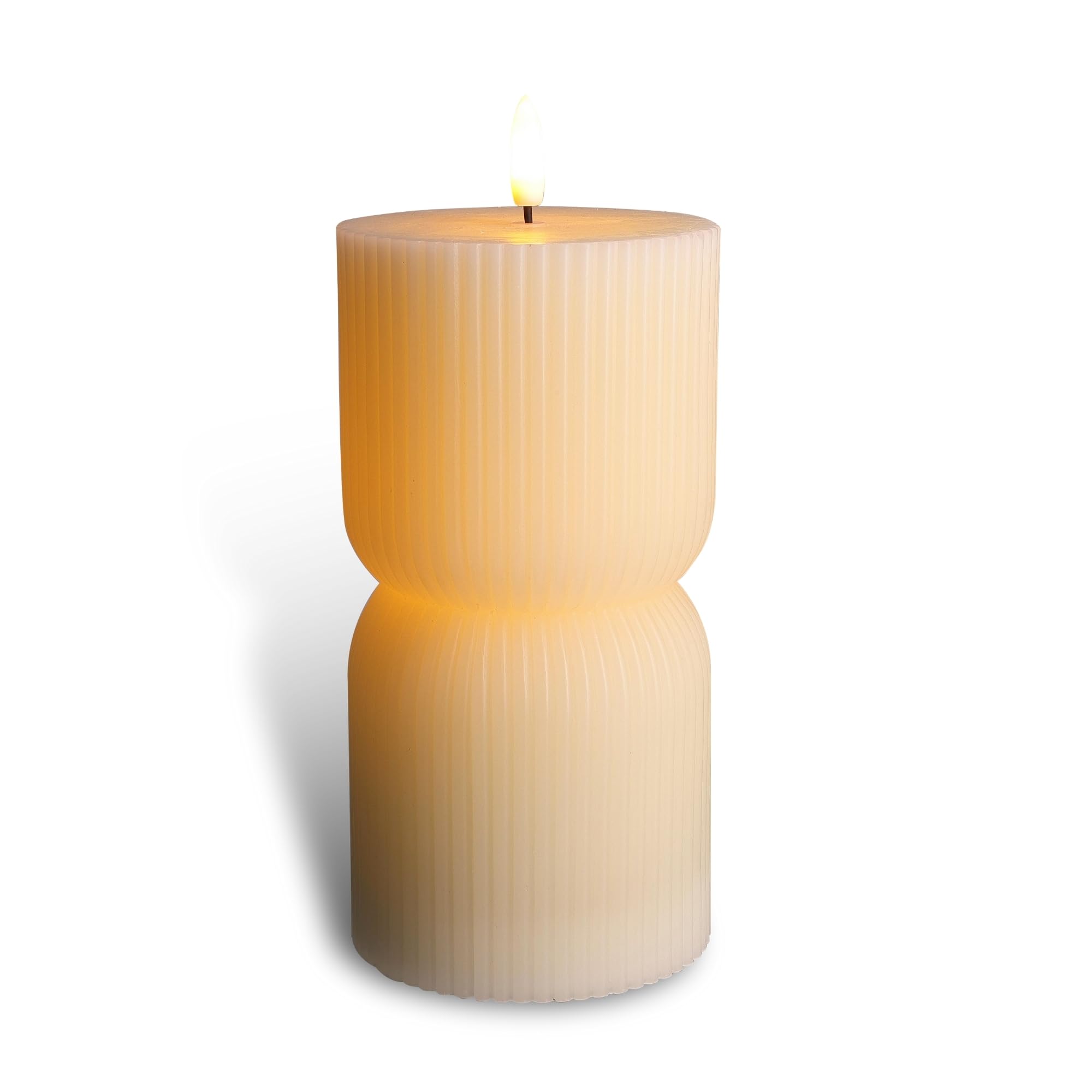 Design Series Ribbed Natural Glow Flickering Flameless LED Wax Pillar Candle (3.5" x 7", Linen White)