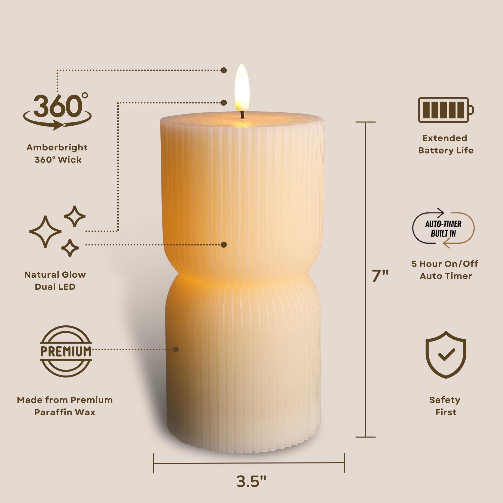 Design Series Ribbed Natural Glow Flickering Flameless LED Wax Pillar Candle (3.5" x 7", Linen White)