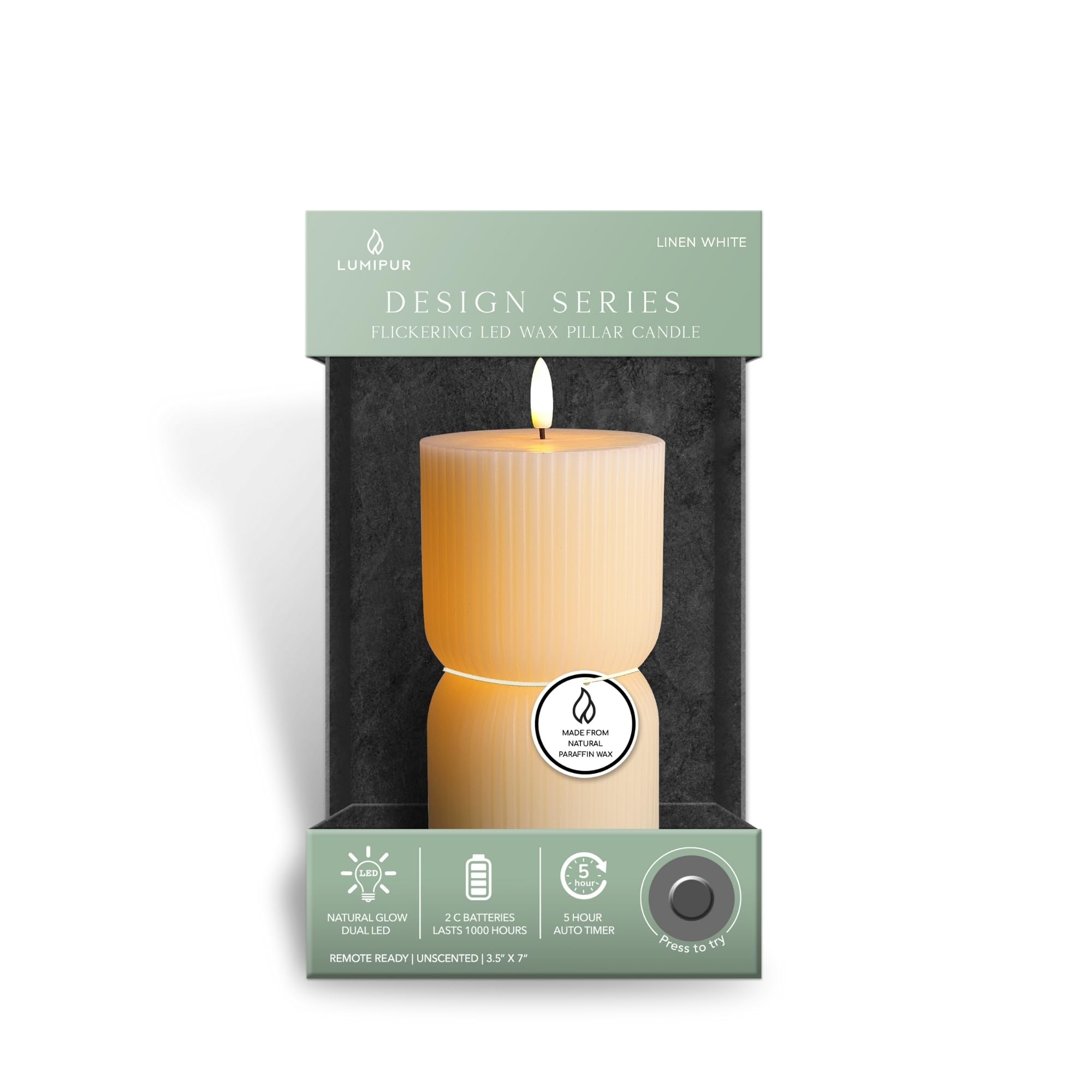 Design Series Ribbed Natural Glow Flickering Flameless LED Wax Pillar Candle (3.5" x 7", Linen White)