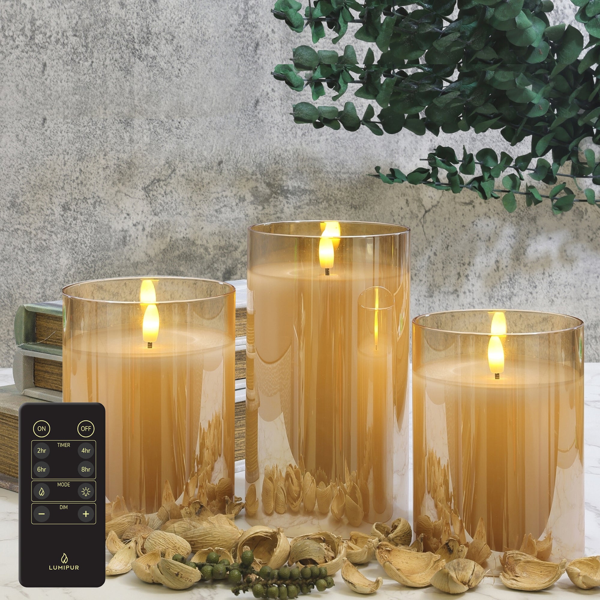 Premium Design Glass Gold Flameless Pillar Candles Set