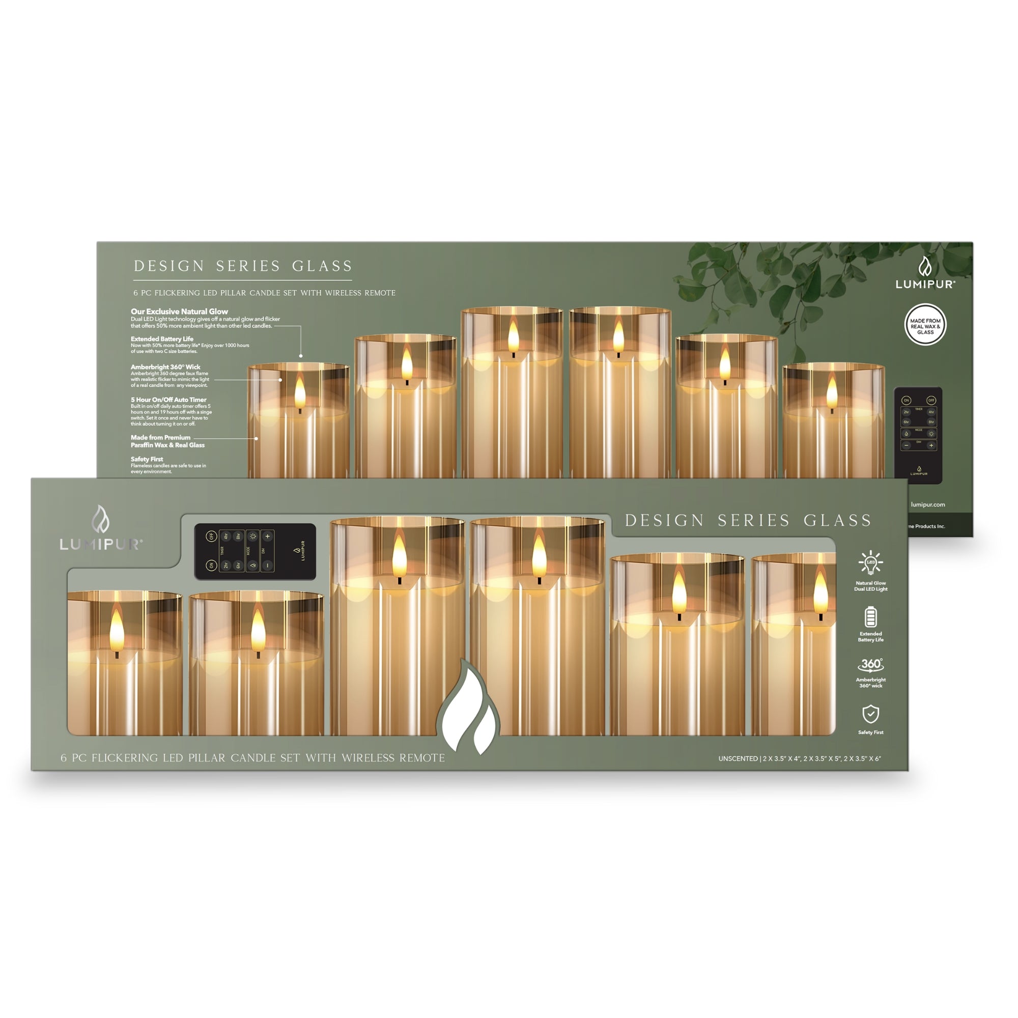 Premium Design Glass Gold Flameless Pillar Candles Set