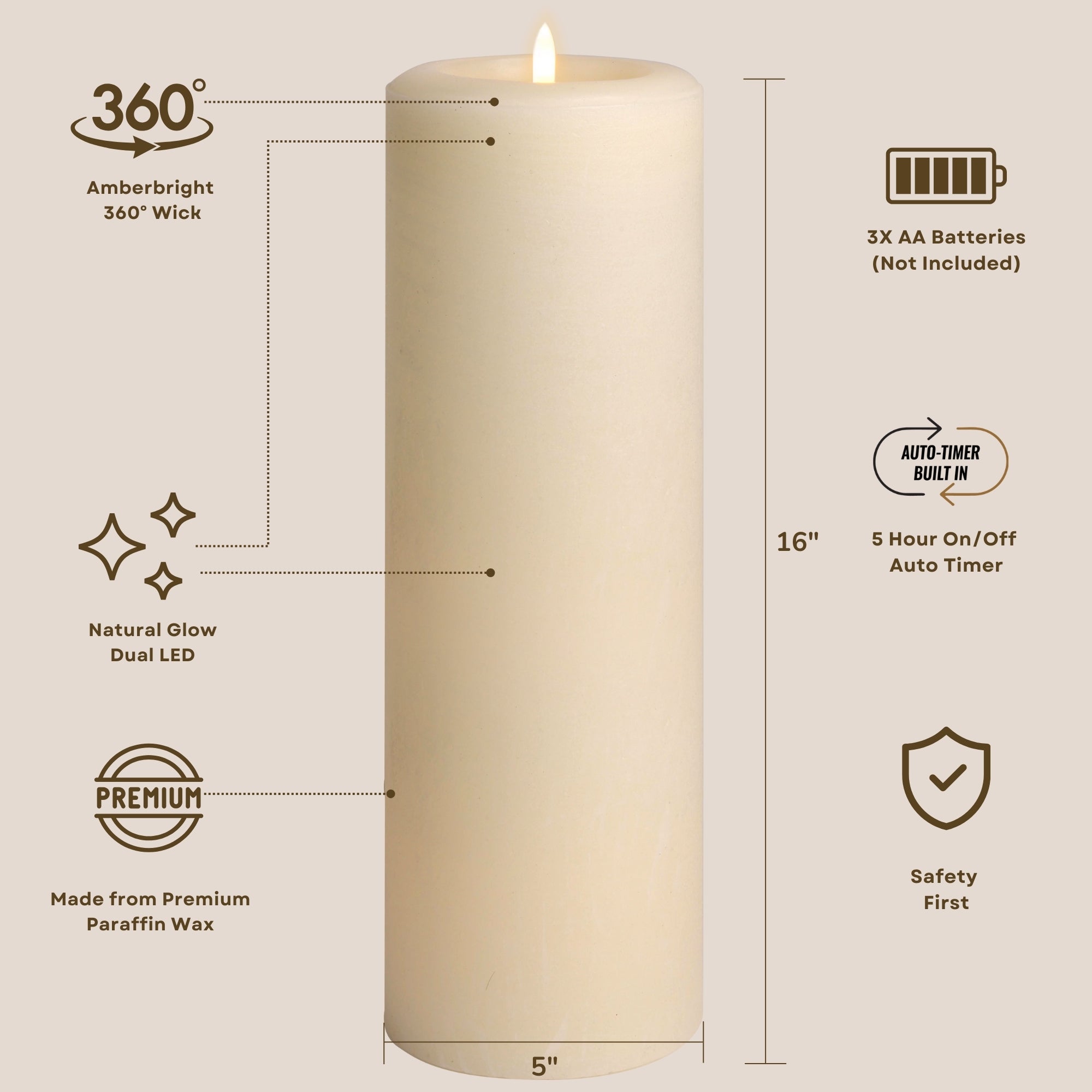 Essential Series 16" Oversize LED Pillar Candle – Real Paraffin Wax with Dual LED Natural Glow & Amberbright 360° Flickering Wick (5" x 16")