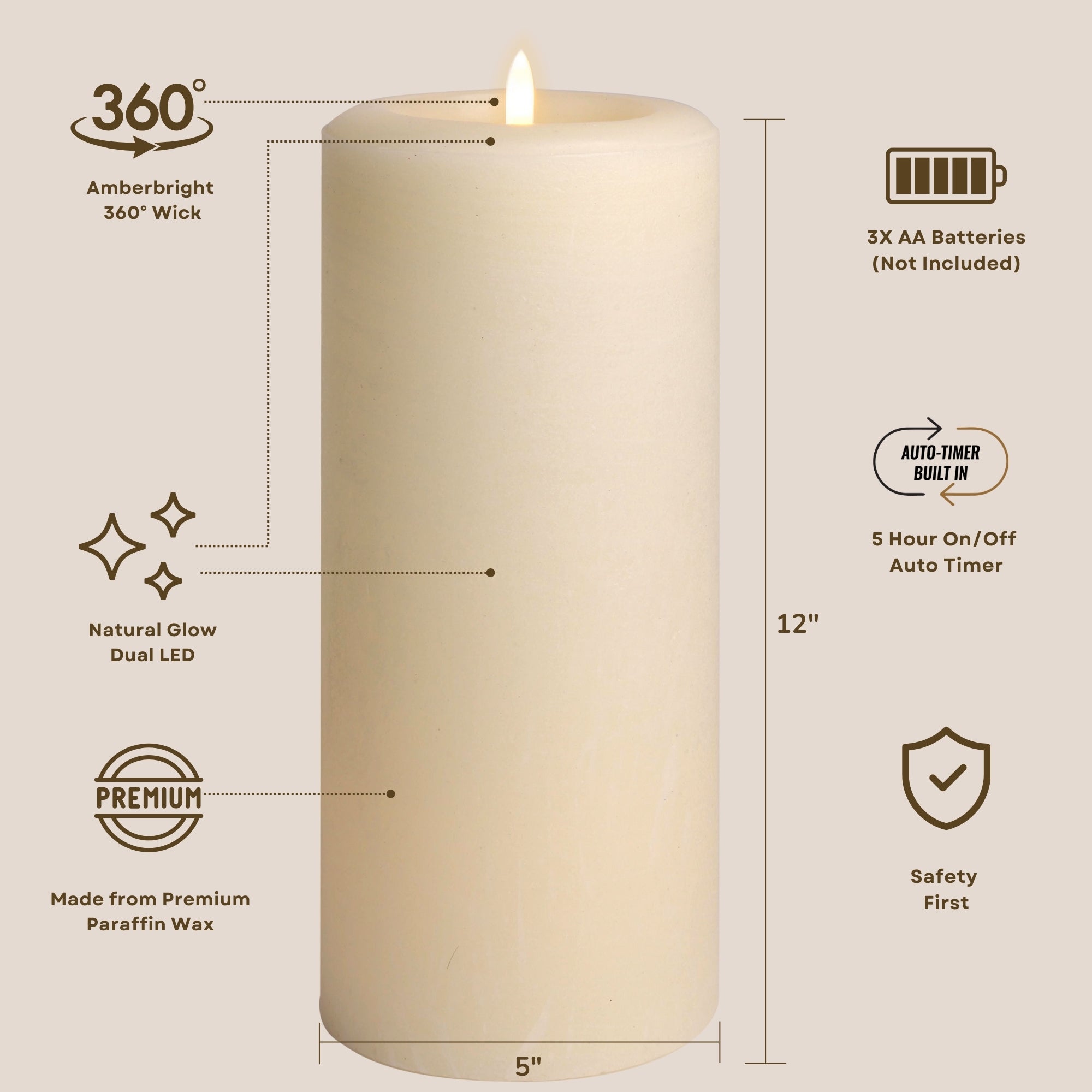 Essential 12" Oversize LED Pillar Candle – Essential Series Real Paraffin Wax Flickering Flame with Dual LED Natural Glow & Auto-Timer – 5" Diameter, AmberBright 360 Wick