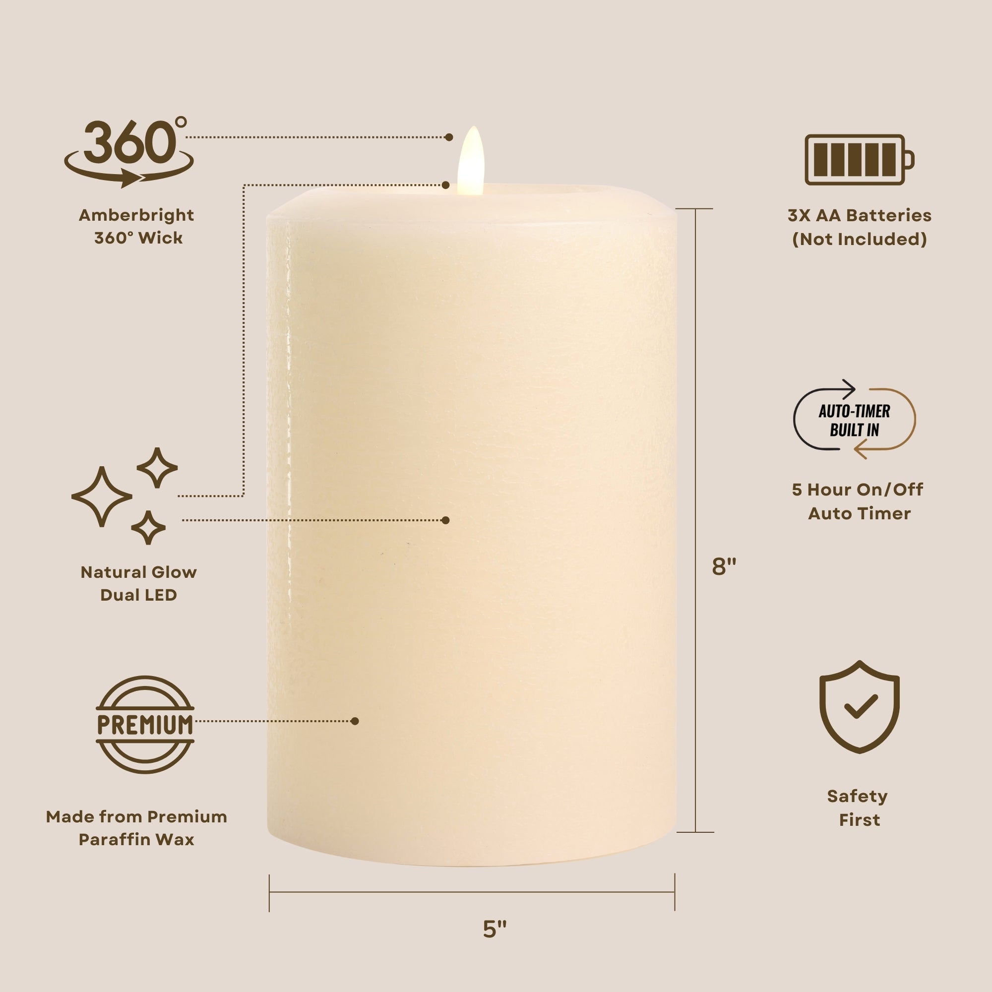 Essential Series 8" Oversize LED Pillar Candle – Real Paraffin Wax with Amberbright 360° Flickering Wick & Auto-Timer