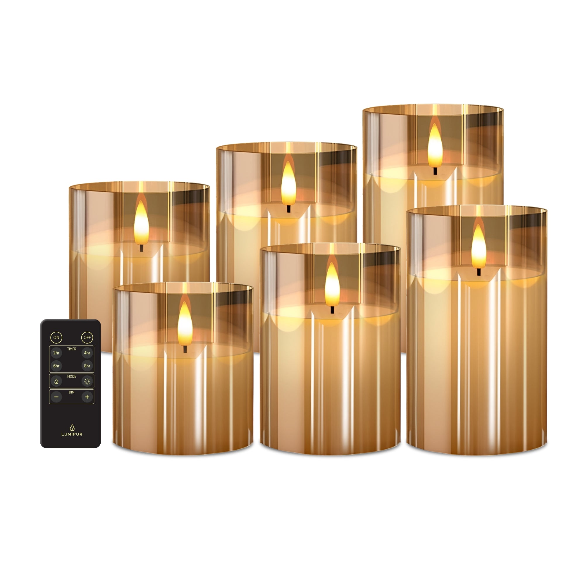 Premium Design Glass Gold Flameless Pillar  Candles 6-Piece Set with Remote