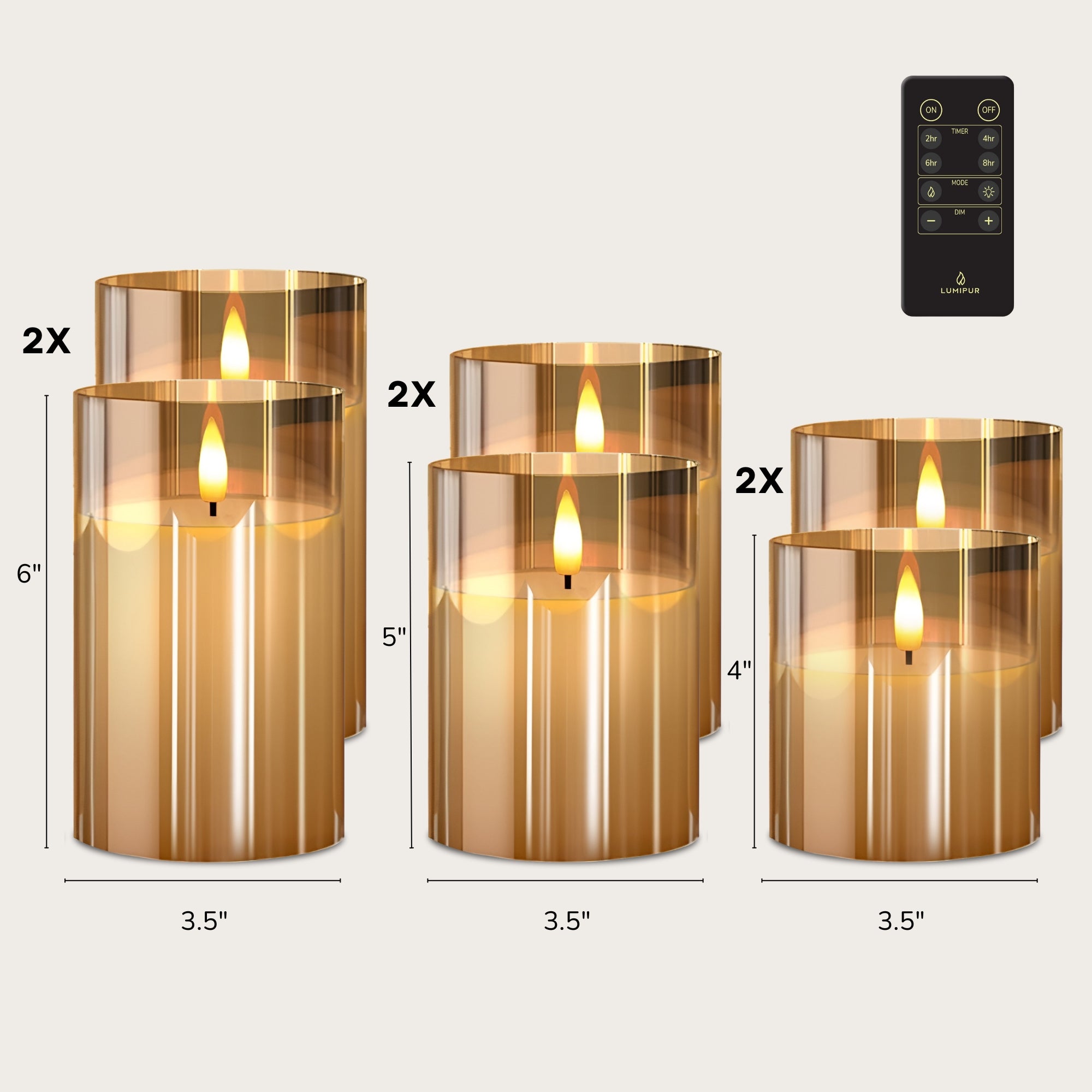 Premium Design Glass Gold Flameless Pillar  Candles 6-Piece Set with Remote