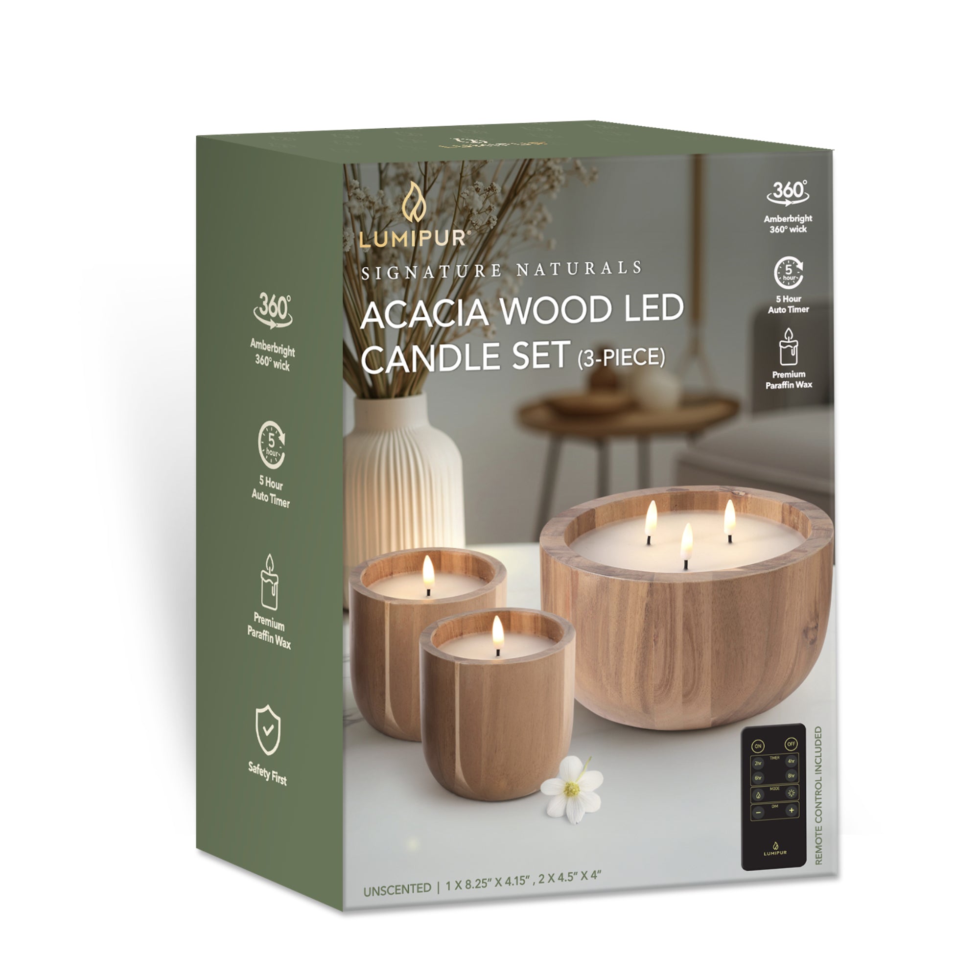 Signature Naturals Acacia Wood Flameless LED Candle Set, 3-Piece, AmberWick™ 360° Flicker Flame, Remote & Timer, Batteries Included
