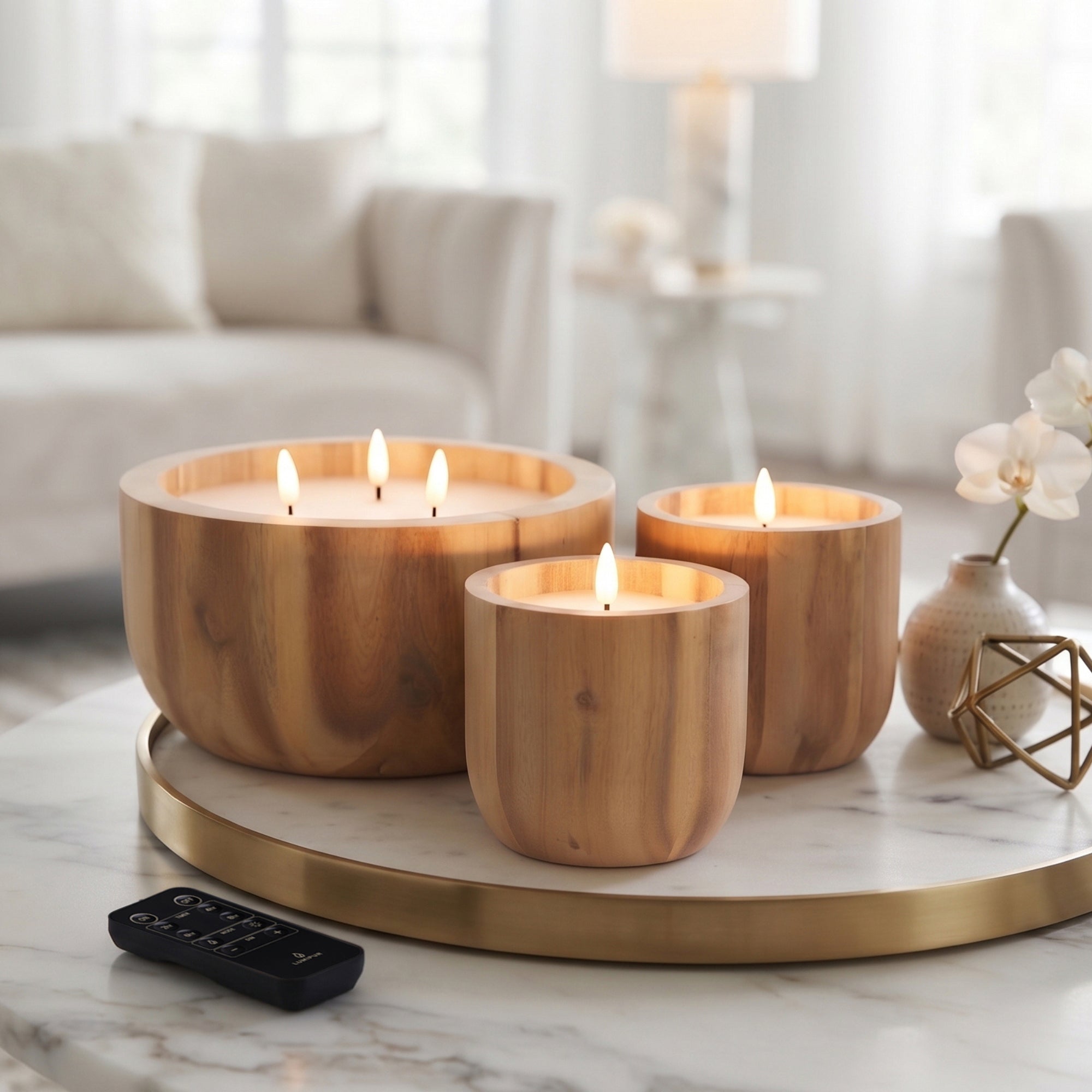 Signature Naturals Acacia Wood Flameless LED Candle Set, 3-Piece, AmberWick™ 360° Flicker Flame, Remote & Timer, Batteries Included