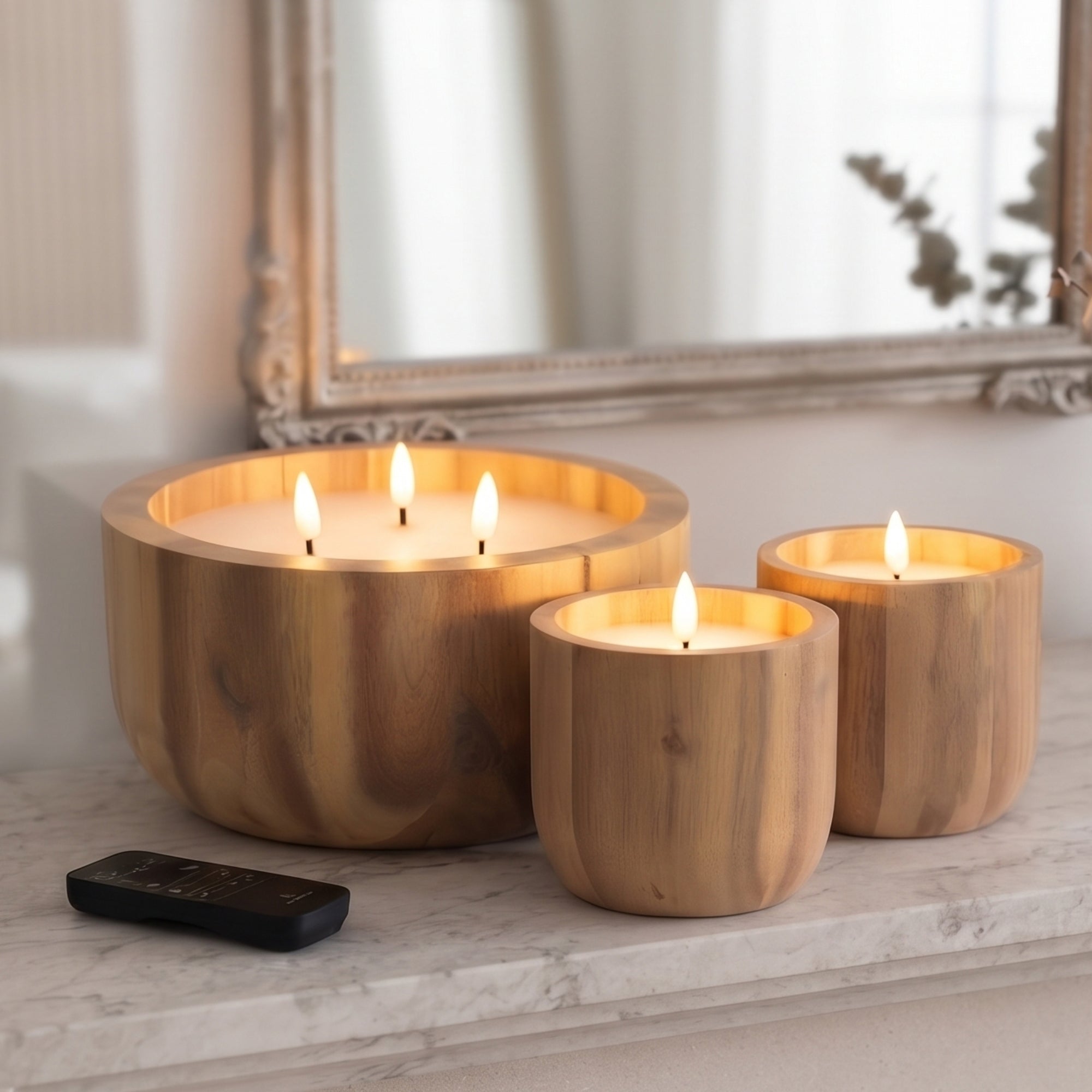Signature Naturals Acacia Wood Flameless LED Candle Set, 3-Piece, AmberWick™ 360° Flicker Flame, Remote & Timer, Batteries Included