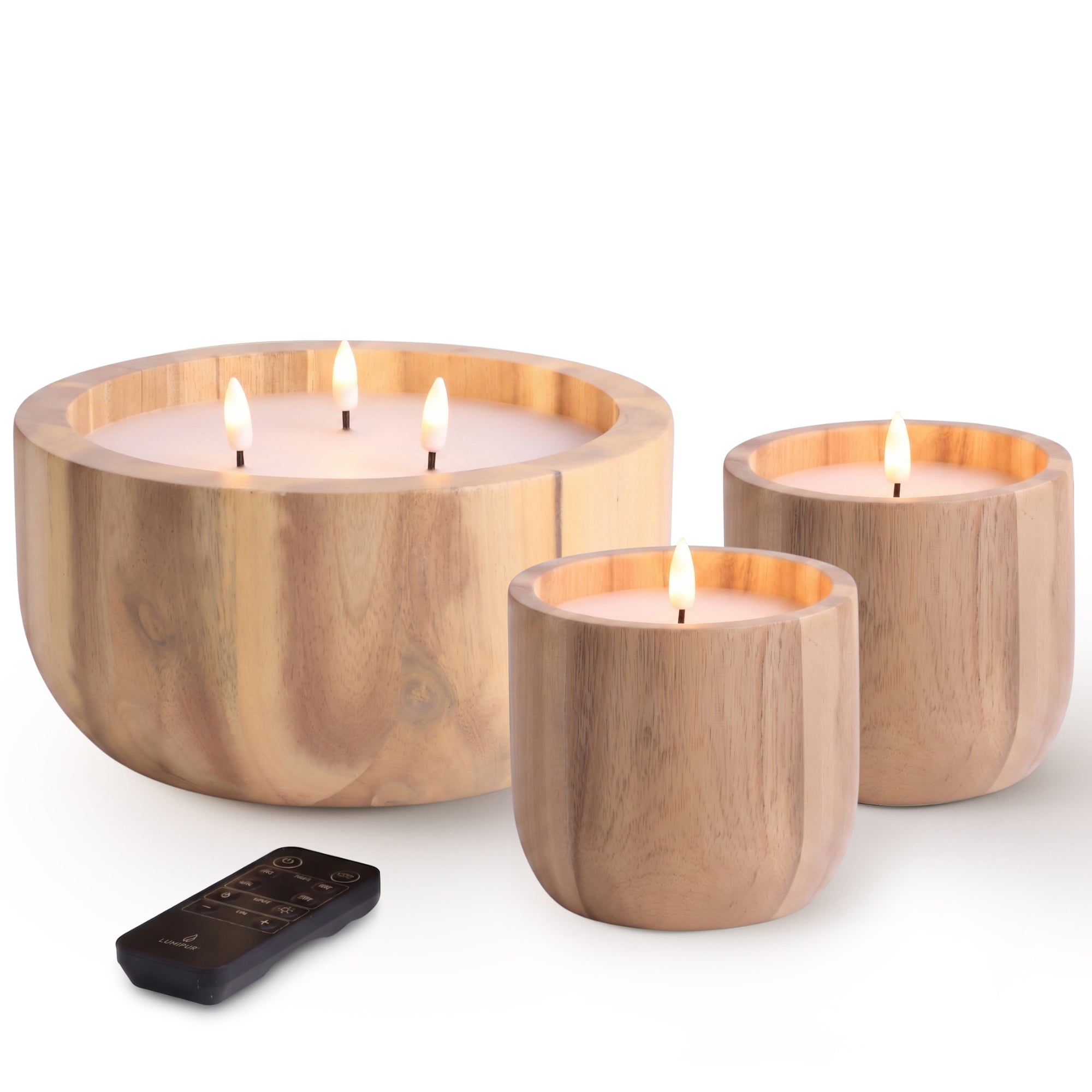 Signature Naturals Acacia Wood Flameless LED Candle Set, 3-Piece, AmberWick™ 360° Flicker Flame, Remote & Timer, Batteries Included