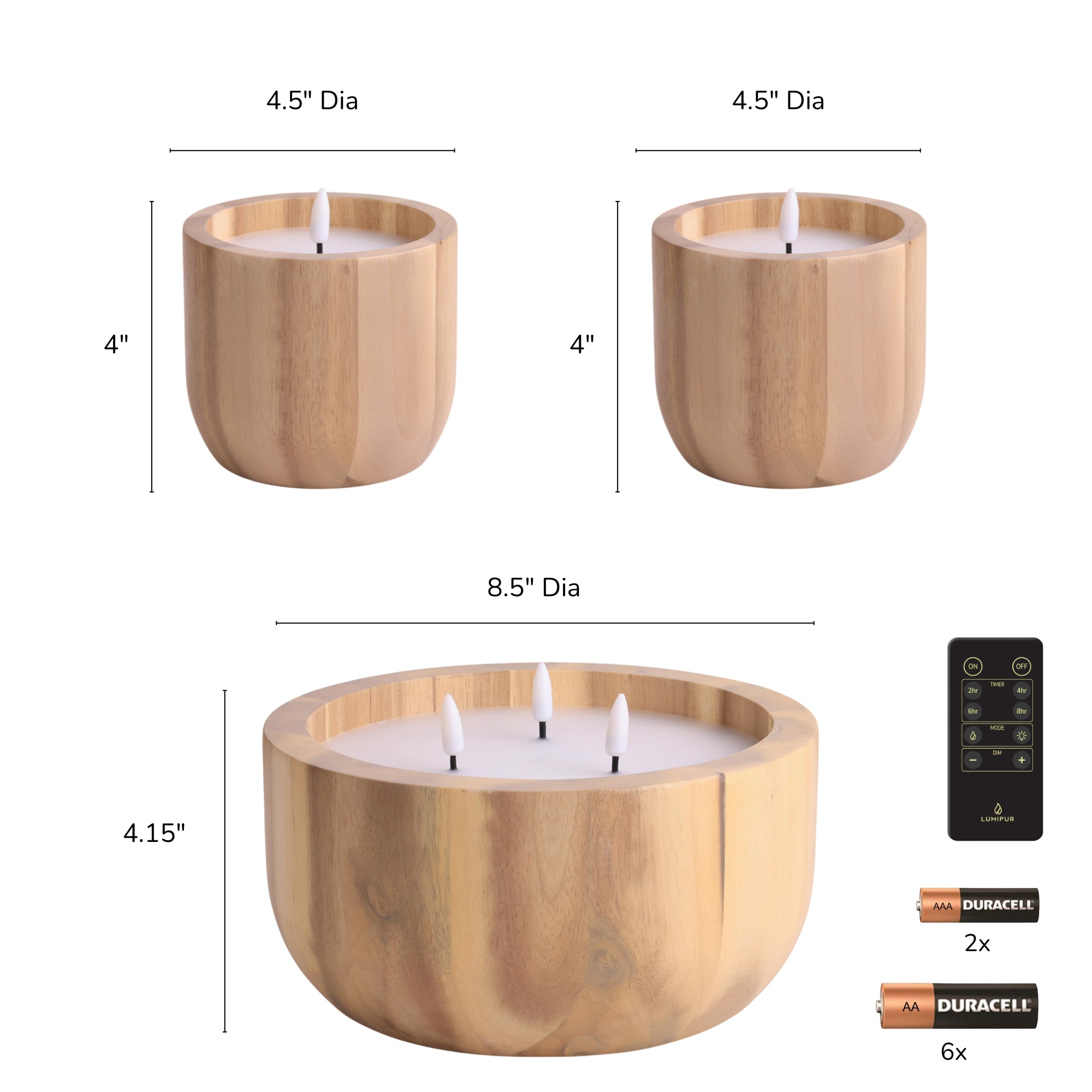 Signature Naturals Acacia Wood Flameless LED Candle Set, 3-Piece, AmberWick™ 360° Flicker Flame, Remote & Timer, Batteries Included