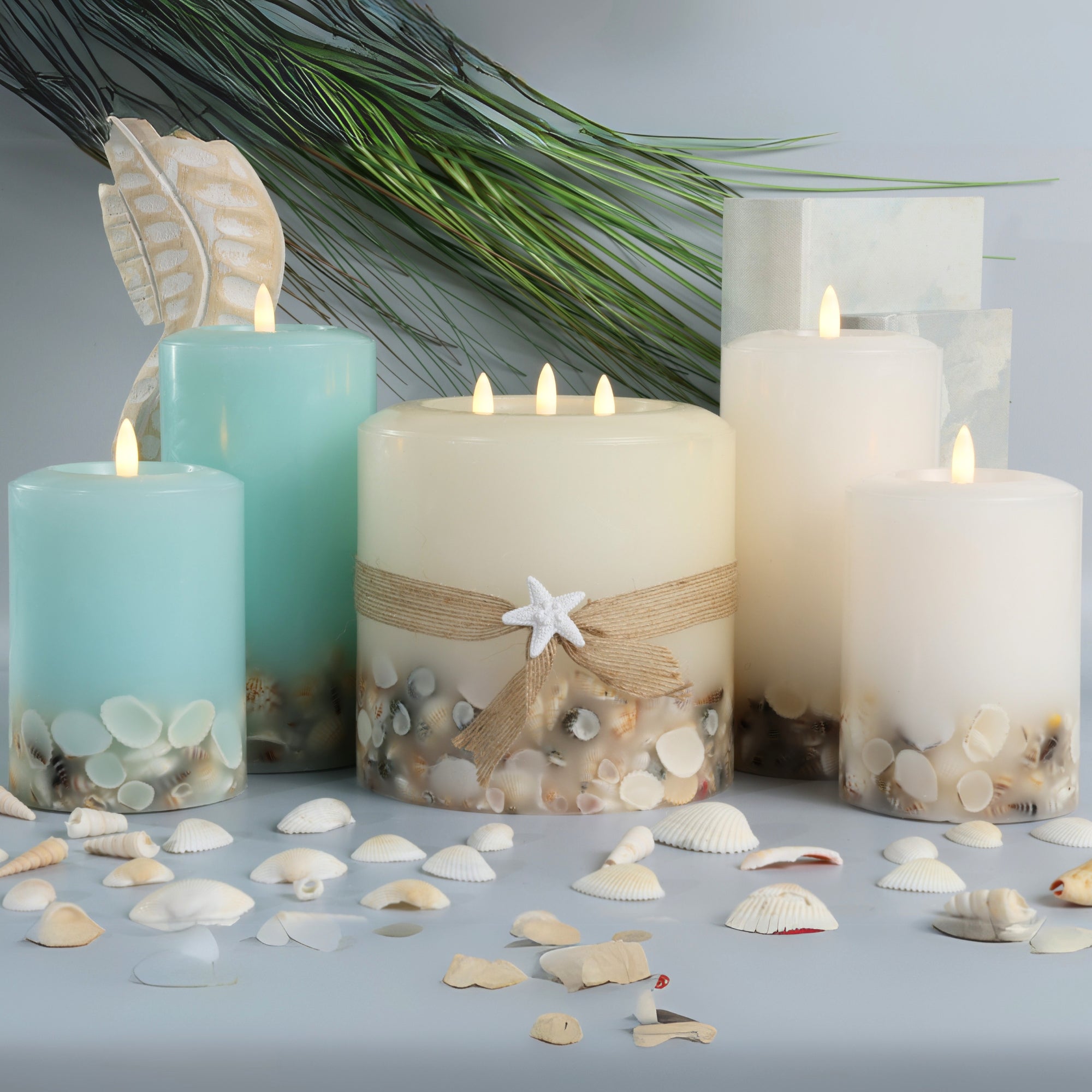 Signature Coastal Ivory Flameless Pillar Candles with Seashell Embed