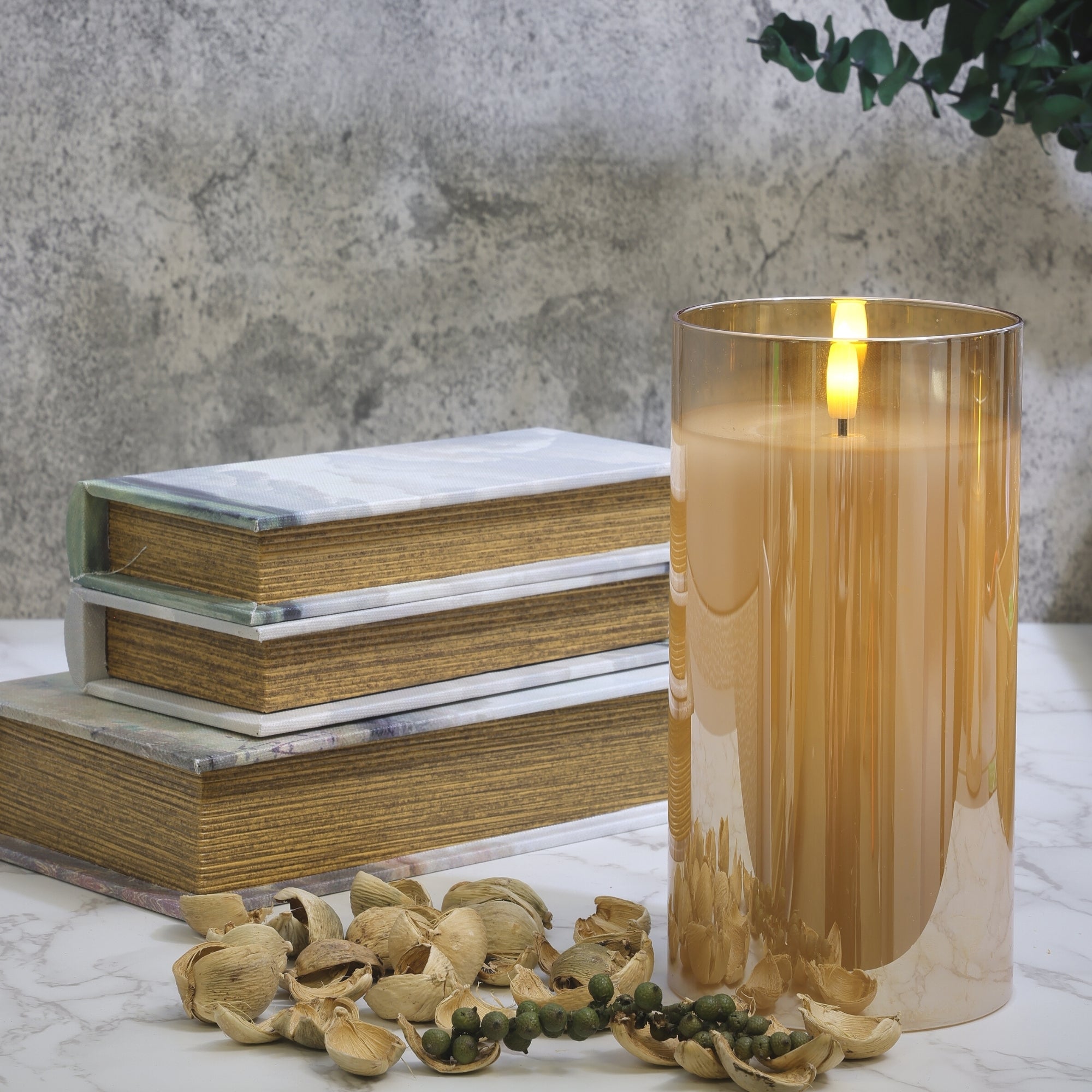 Design Glass Gold Flameless Pillar Candle