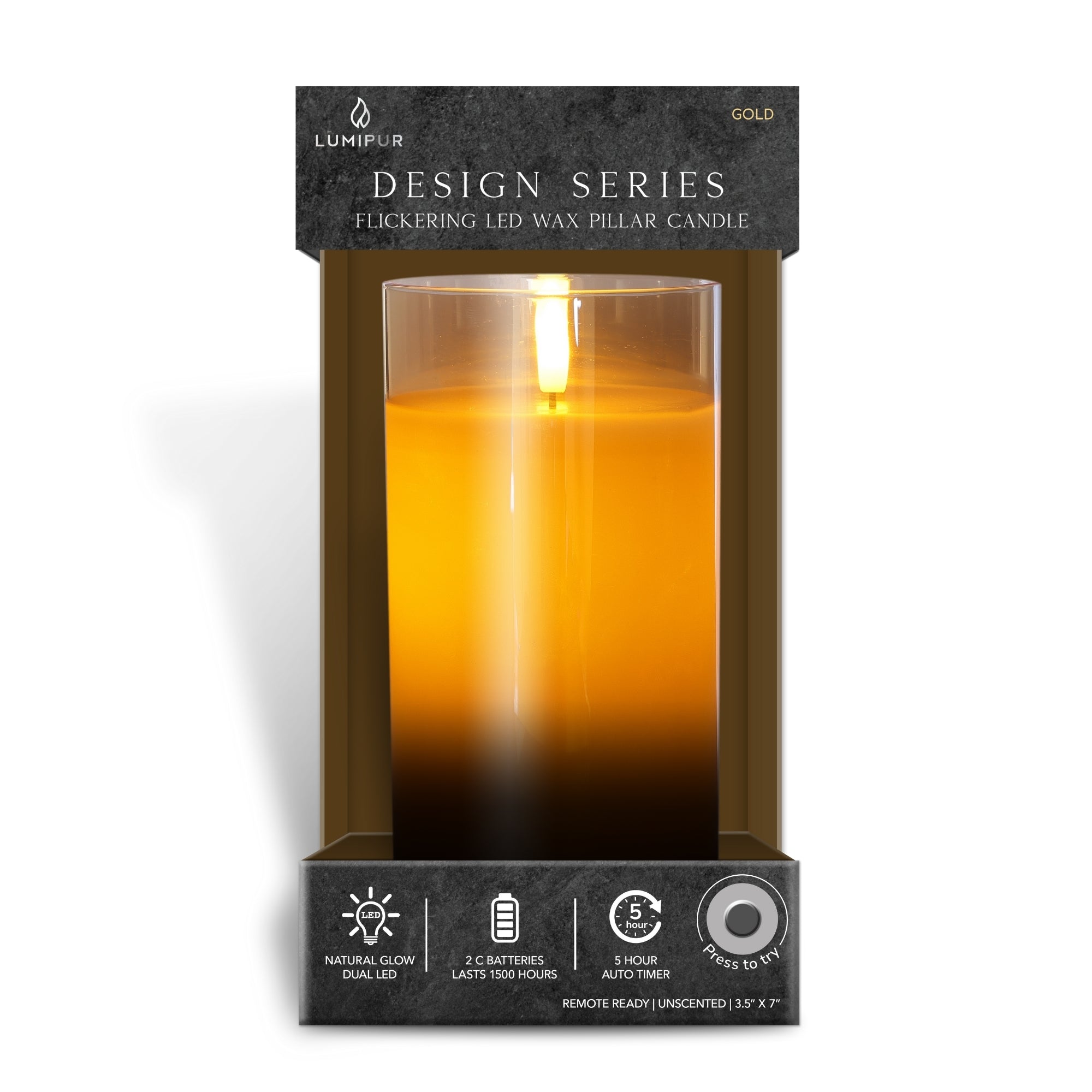 Design Glass Gold Flameless Pillar Candle