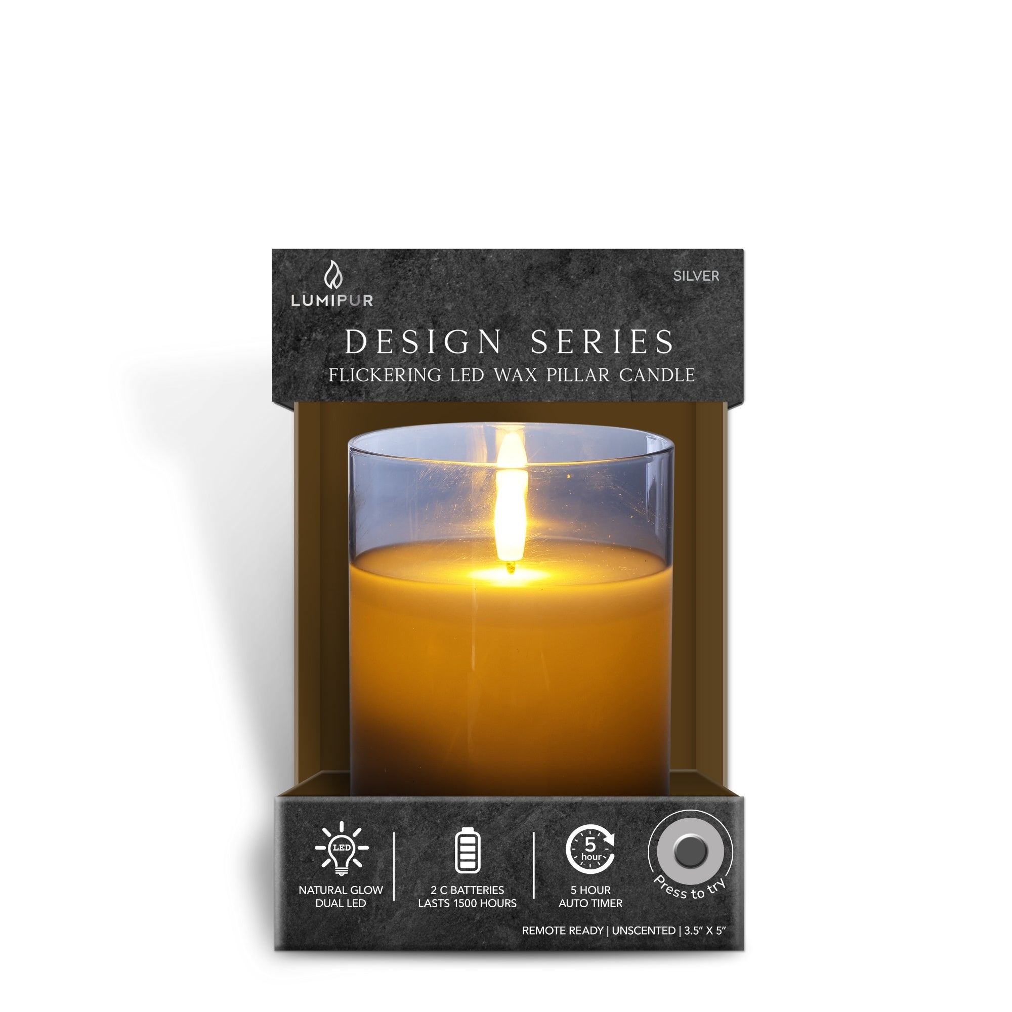 Design Glass Silver Flameless Pillar Candle