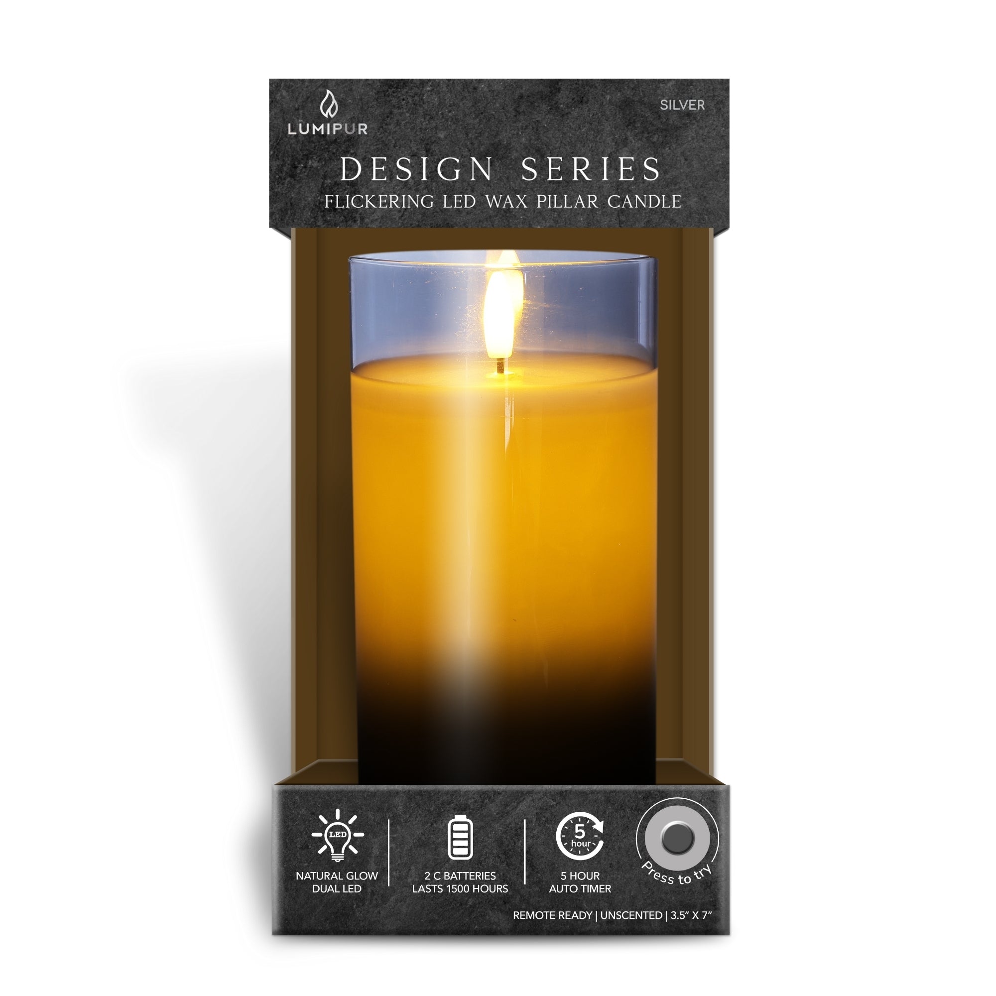 Design Glass Silver Flameless Pillar Candle