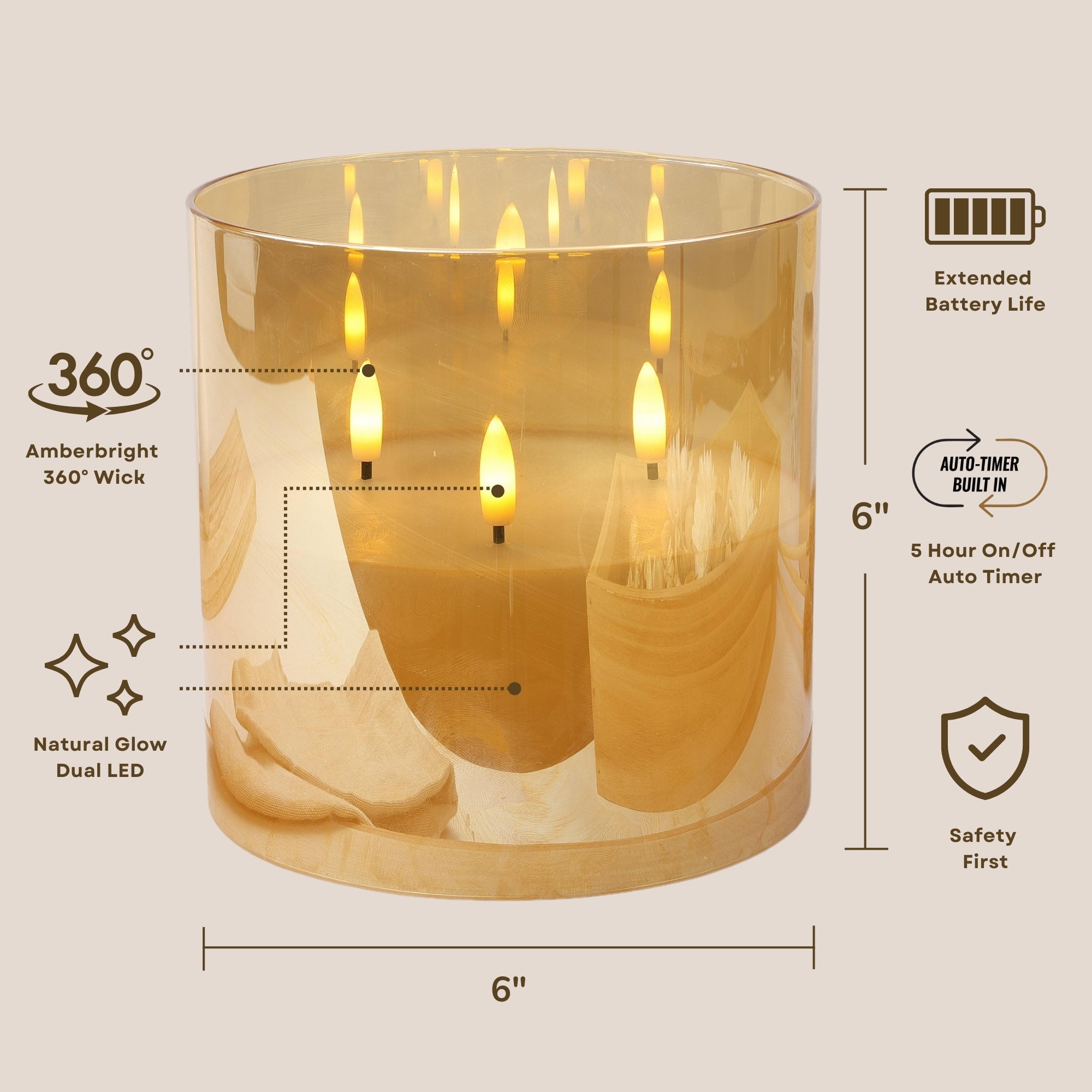 Design Glass Gold Flameless Pillar Candle