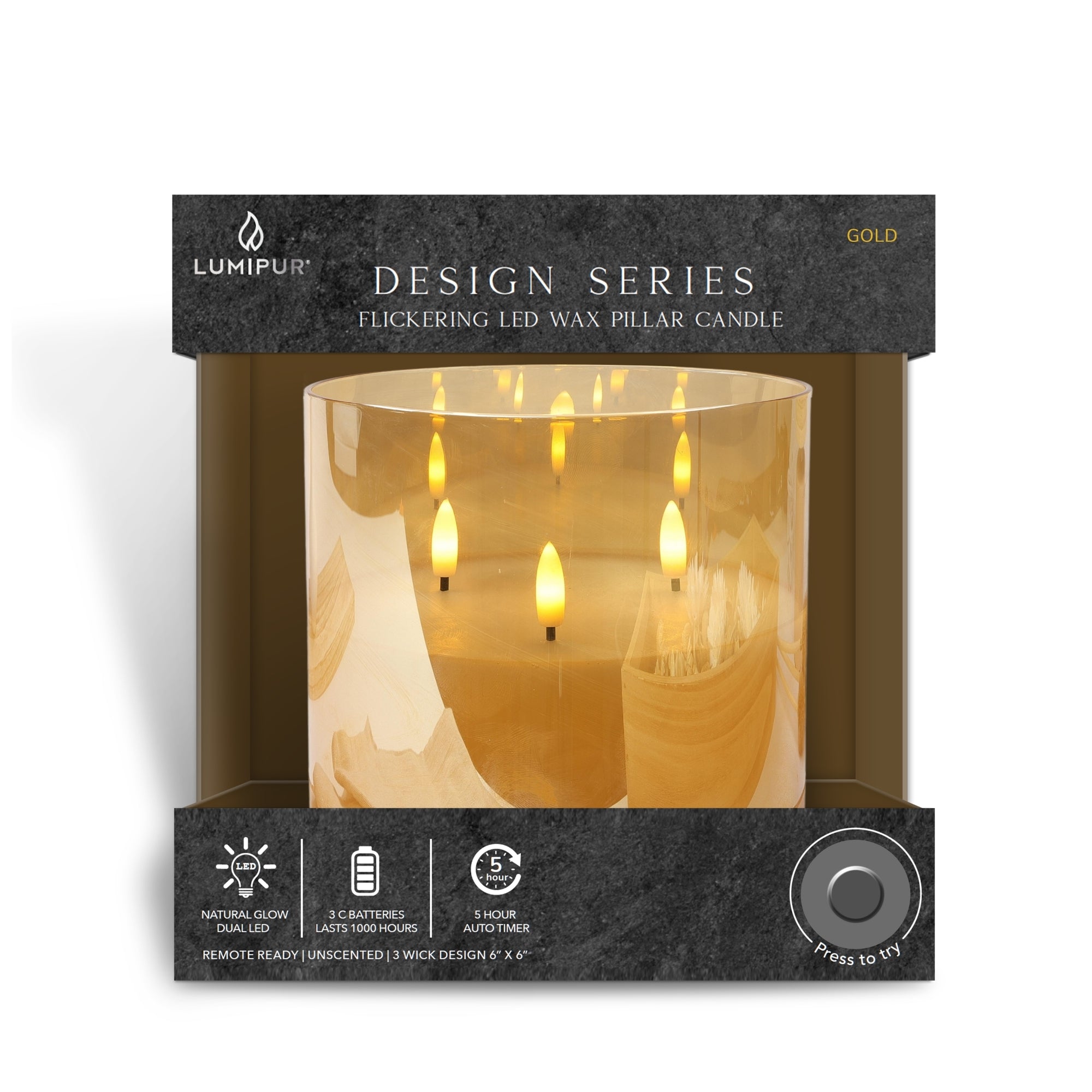 Design Glass Gold Flameless Pillar Candle