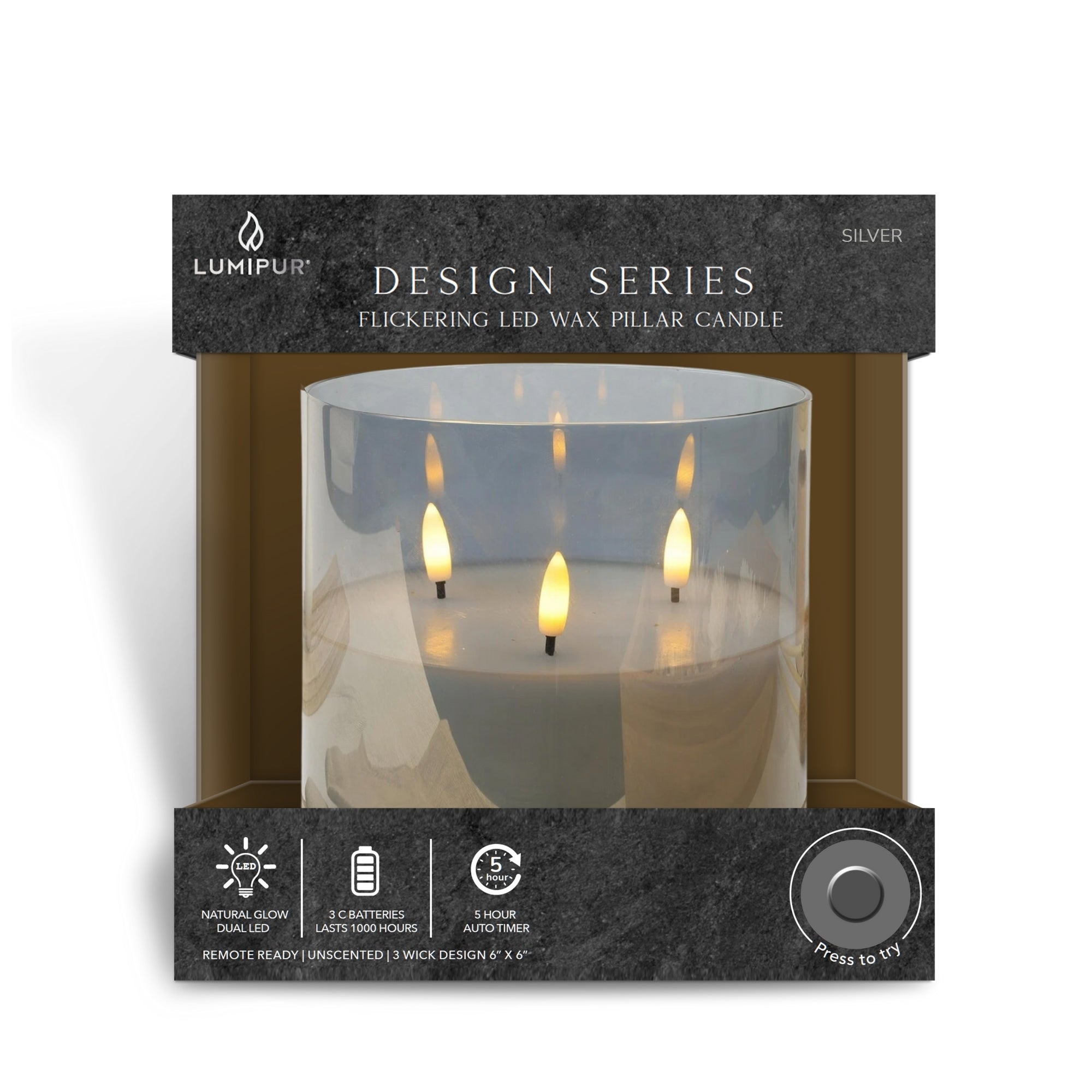 Design Glass Silver Flameless Pillar Candle