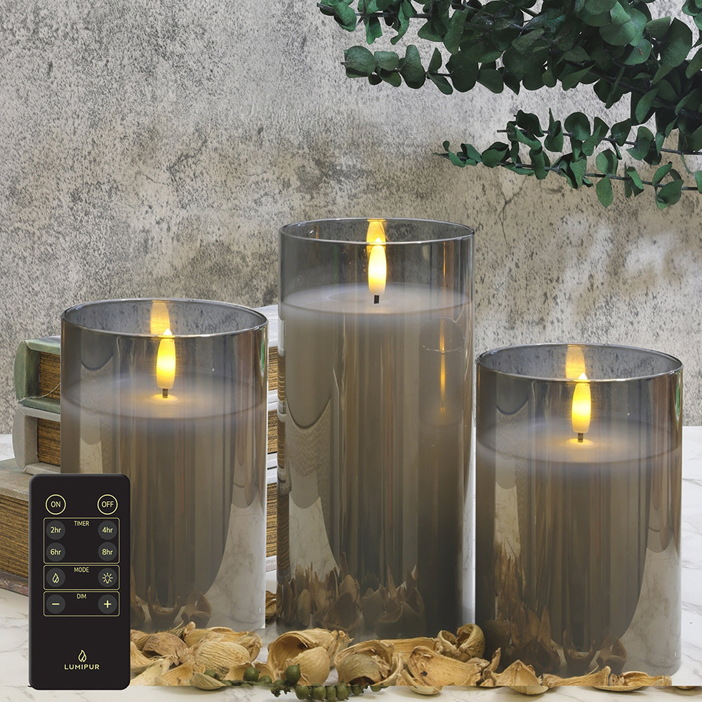 Design Glass Silver Flameless Pillar Candle