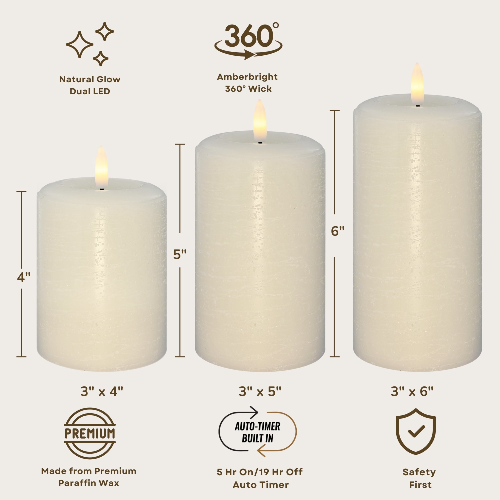 Essentials Linen White Flameless Pillar Candles Set