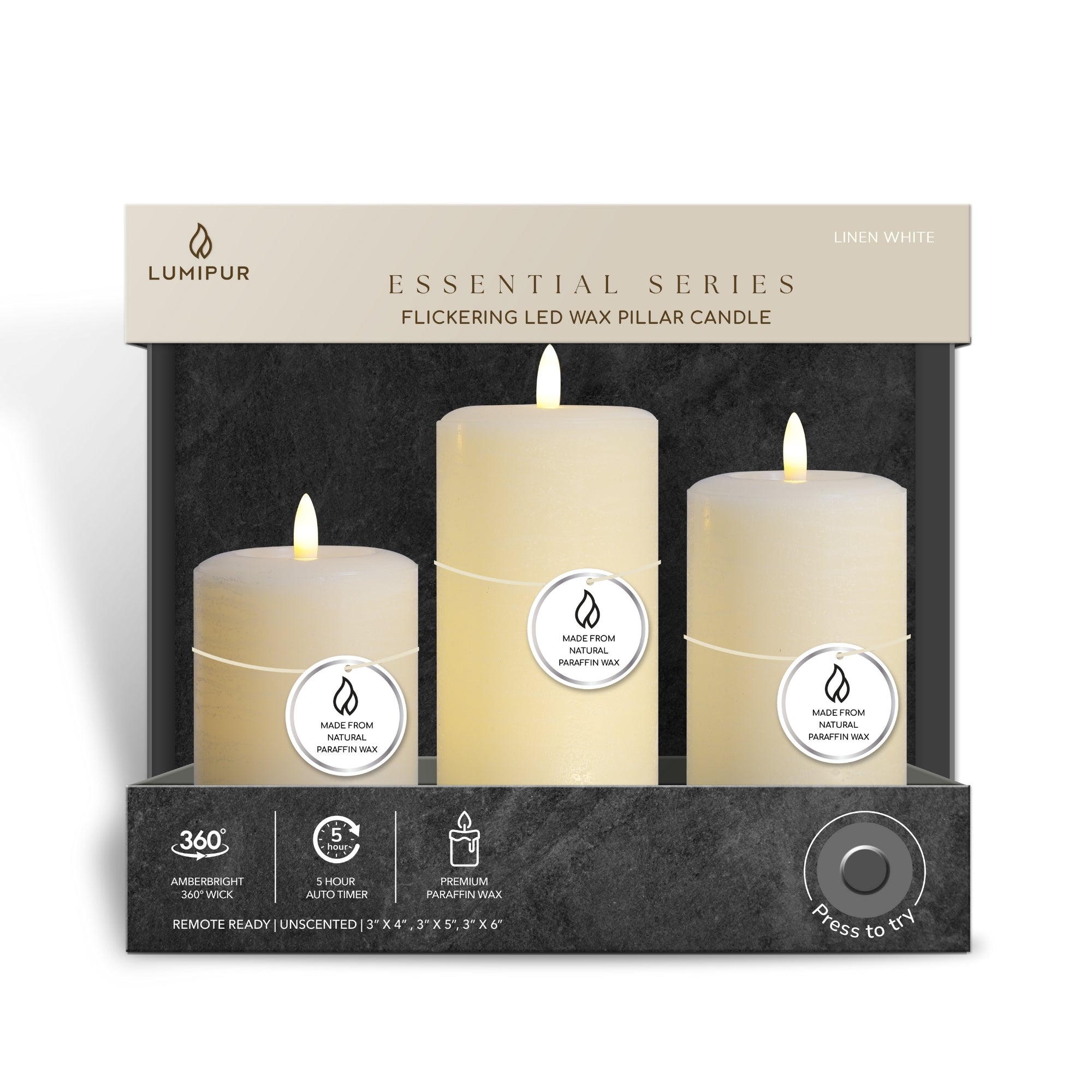 Essentials Linen White Flameless Pillar Candles Set