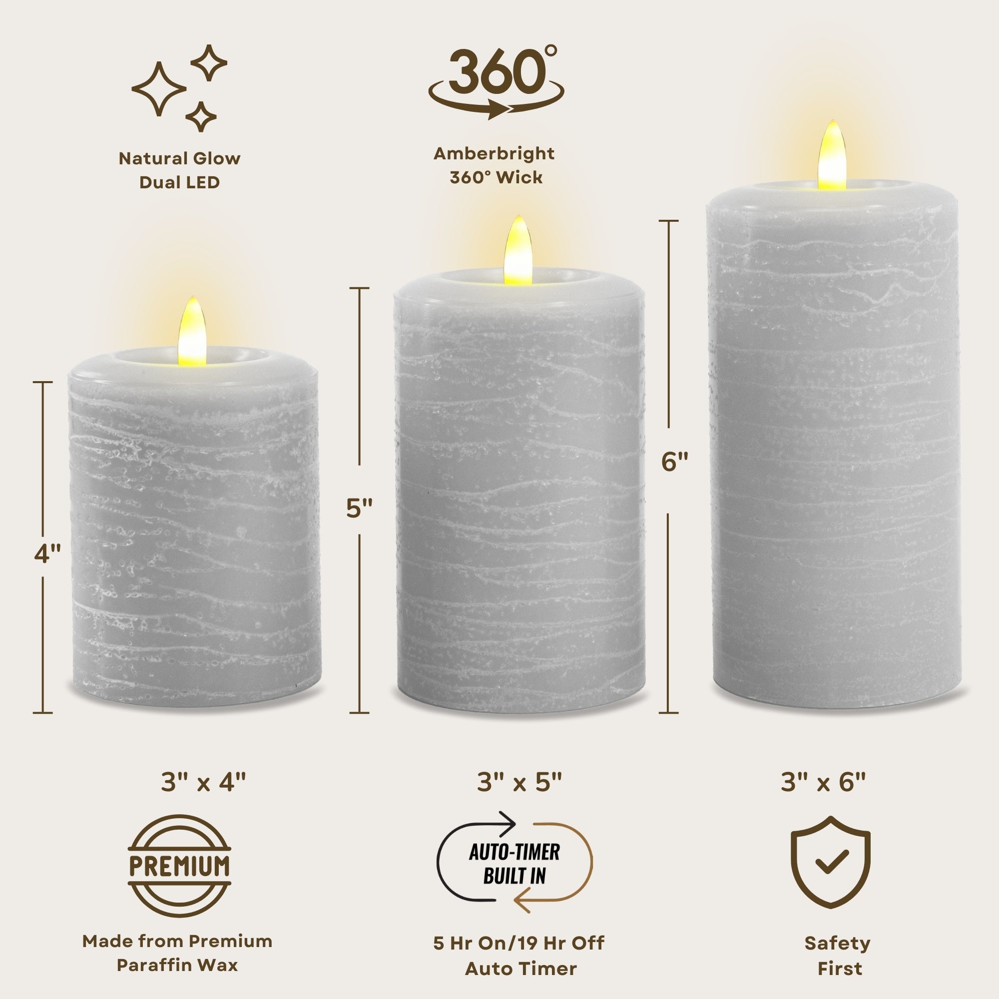 Essentials Gray Fog Flameless Pillar Candles Set