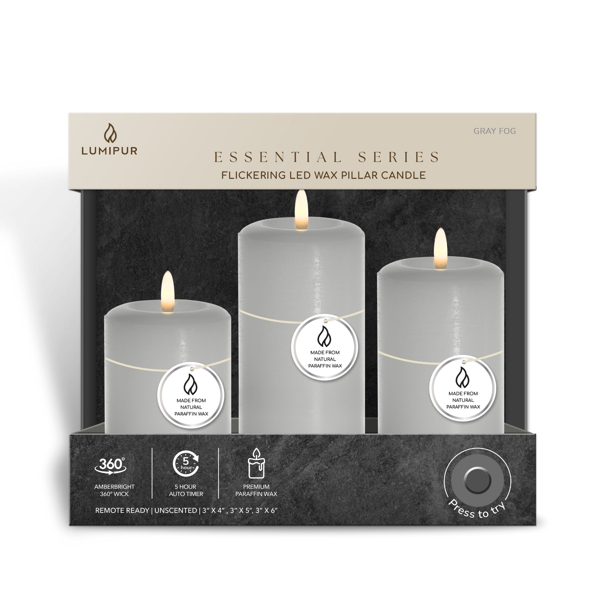 Essentials Gray Fog Flameless Pillar Candles Set