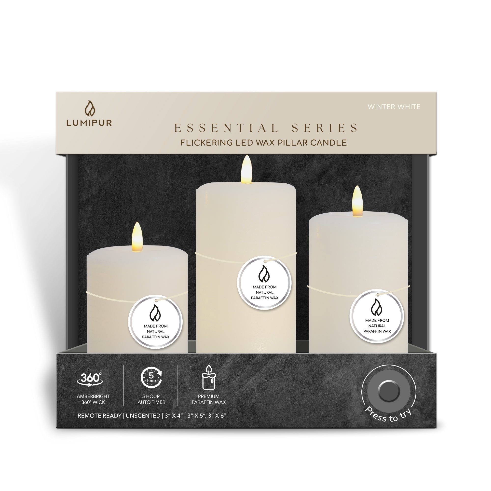 Essentials Winter White Flameless Pillar Candles Set