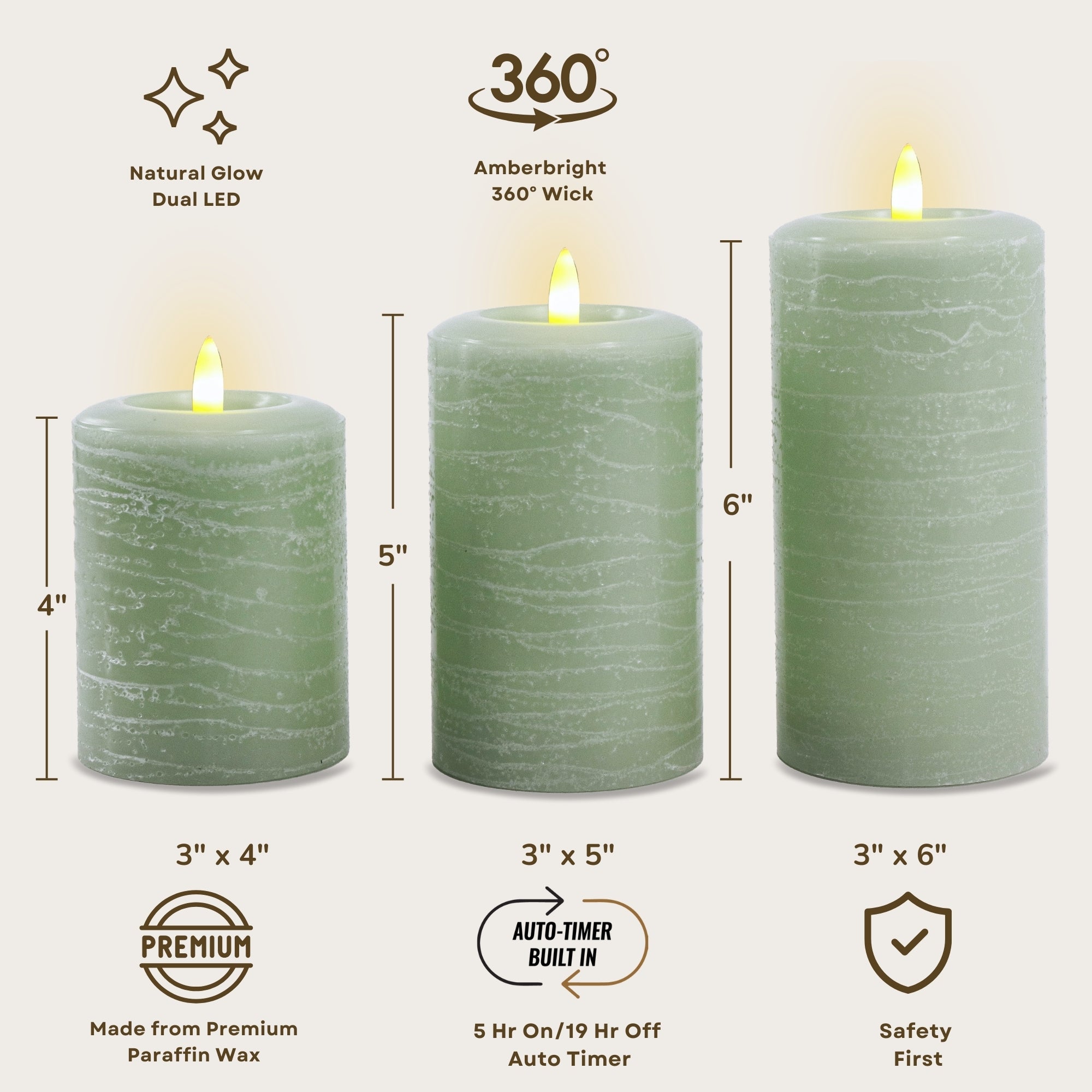 Essentials Sage Green Flameless Pillar Candles Set