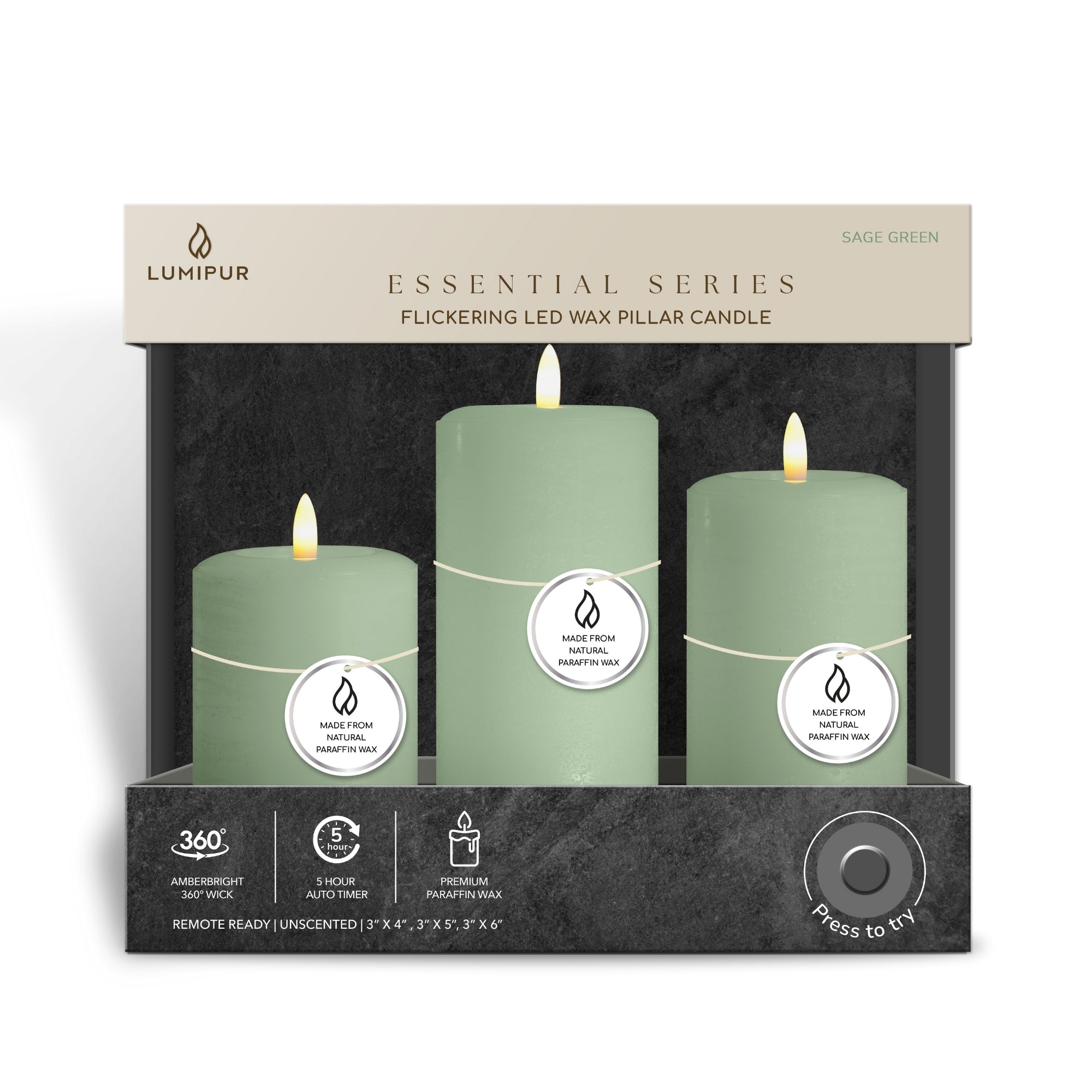 Essentials Sage Green Flameless Pillar Candles Set