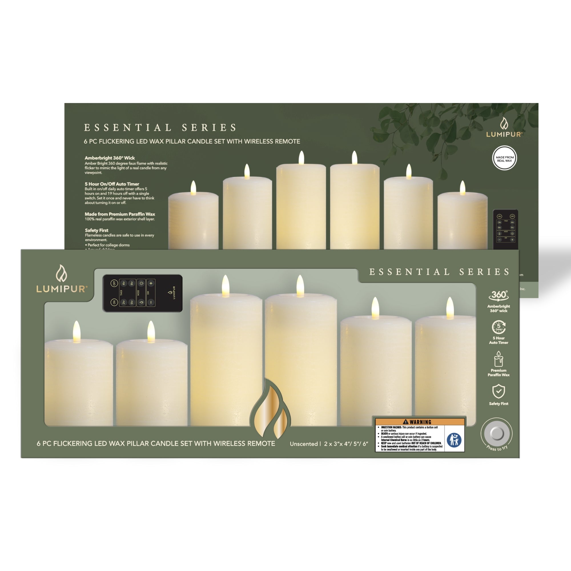 Essentials Linen White Flameless Pillar Candles Set