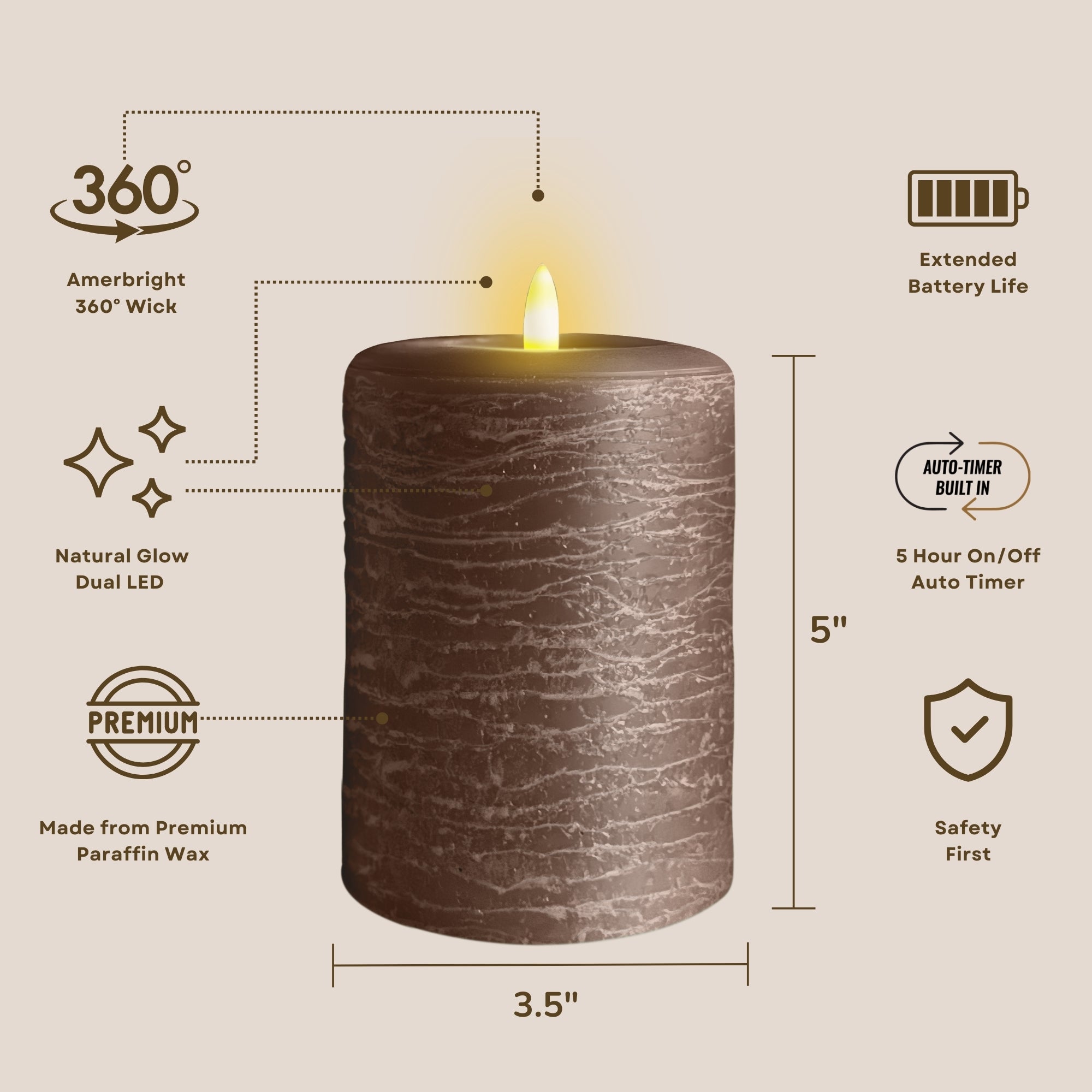 Signature Cocoa Brown Flameless Pillar Candles