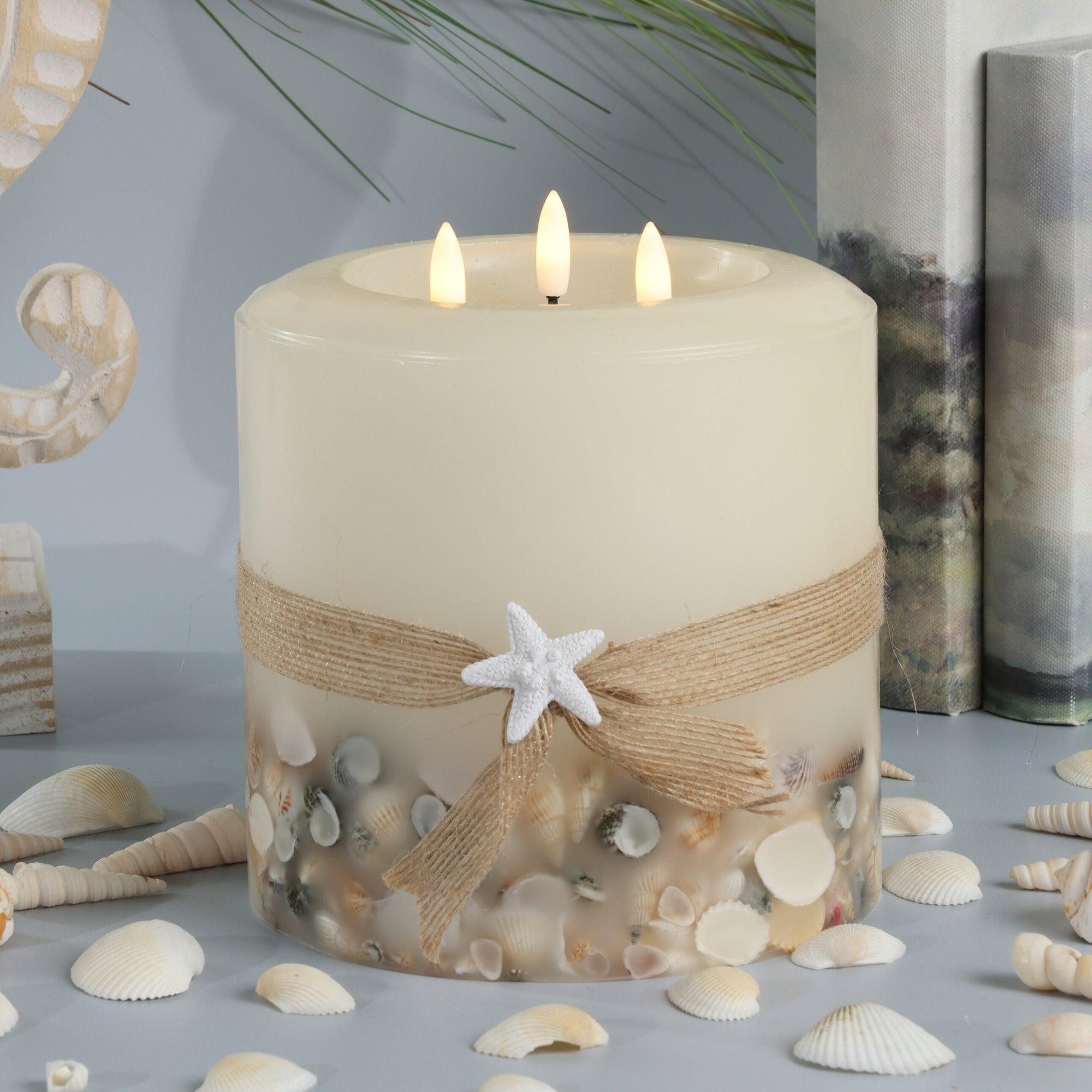 Signature Coastal Ivory Flameless Pillar Candles with Seashell Embed