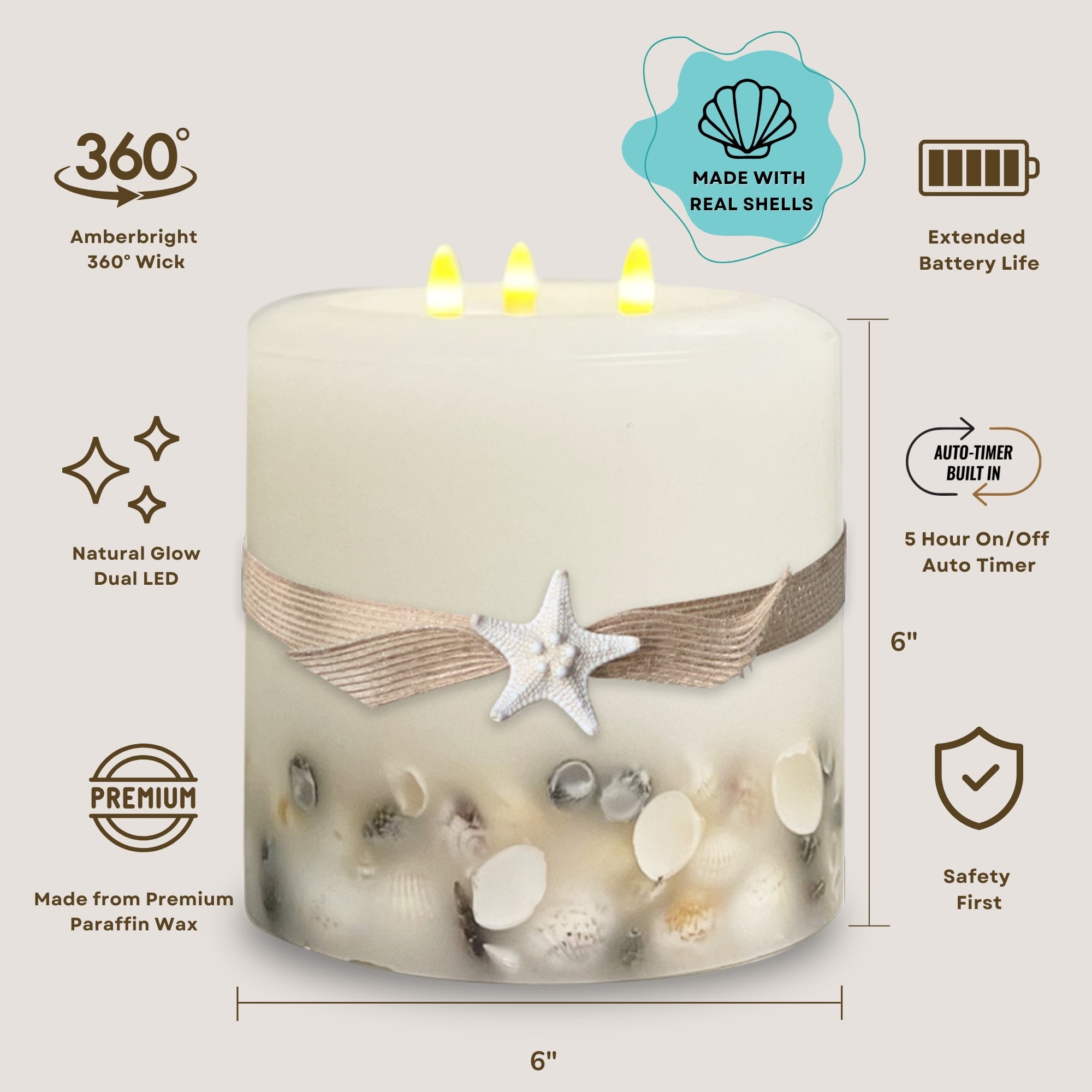 Signature Coastal Ivory Flameless Pillar Candles with Seashell Embed