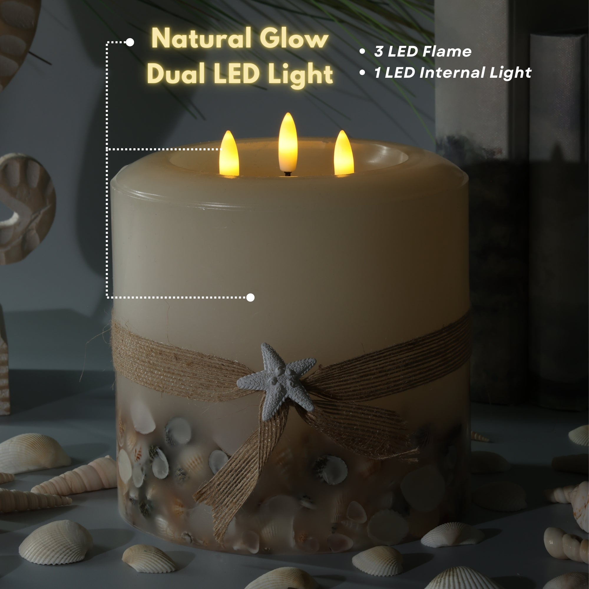 Signature Coastal Ivory Flameless Pillar Candles with Seashell Embed