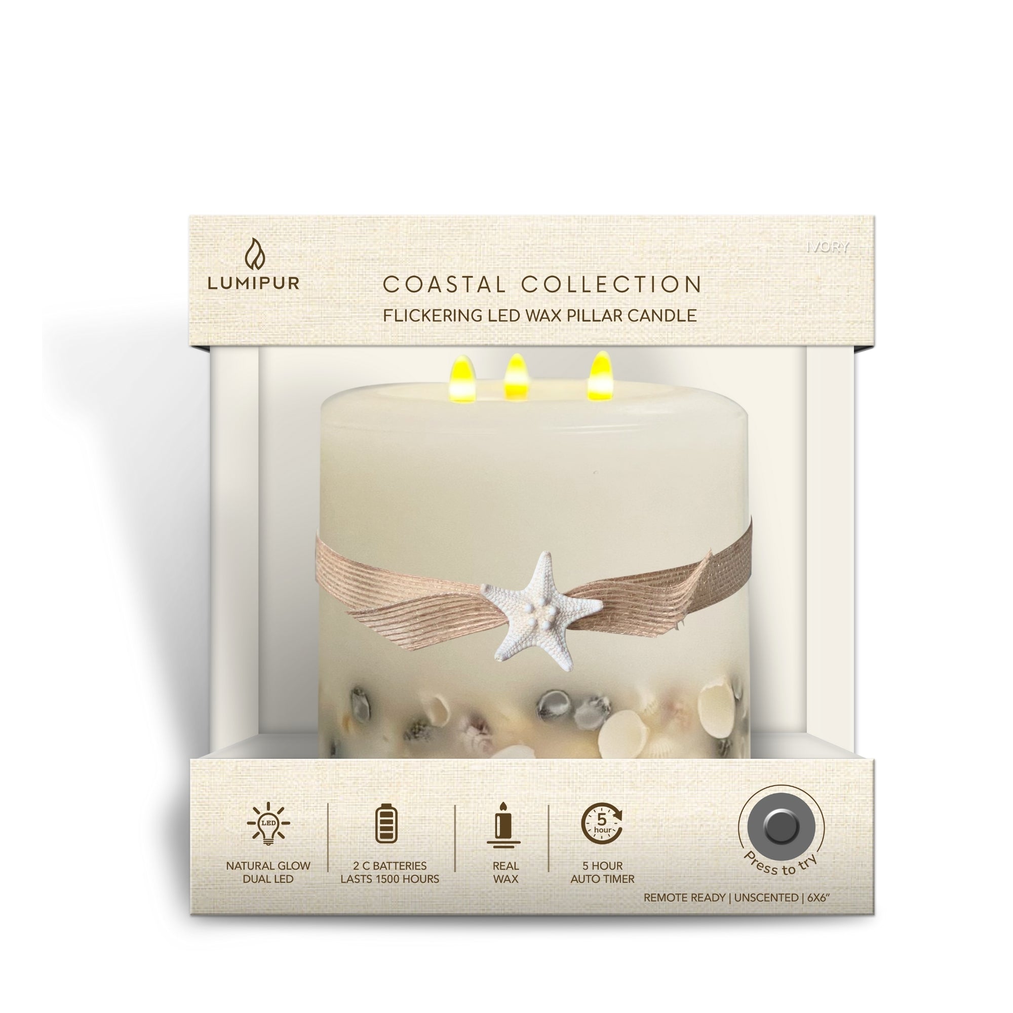 Signature Coastal Ivory Flameless Pillar Candles with Seashell Embed