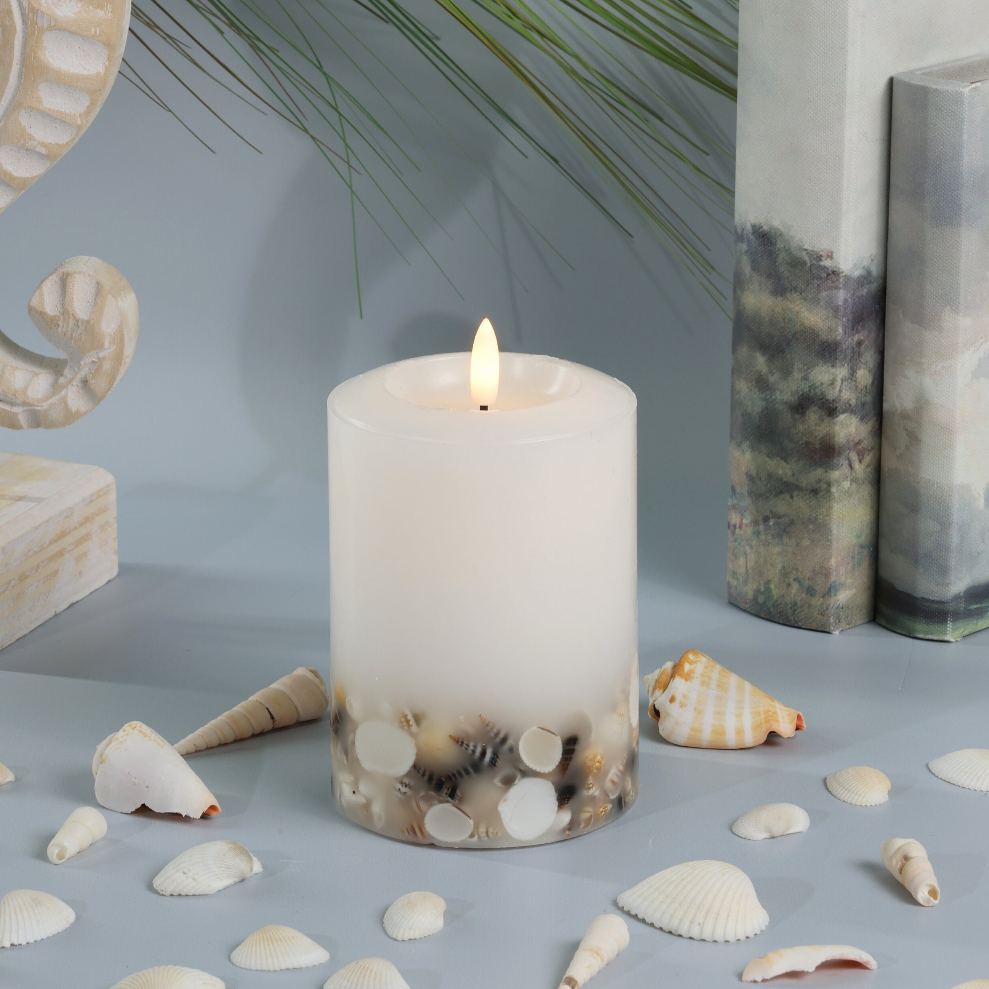 Signature Coastal White Flameless Pillar Candles with Seashell Embed