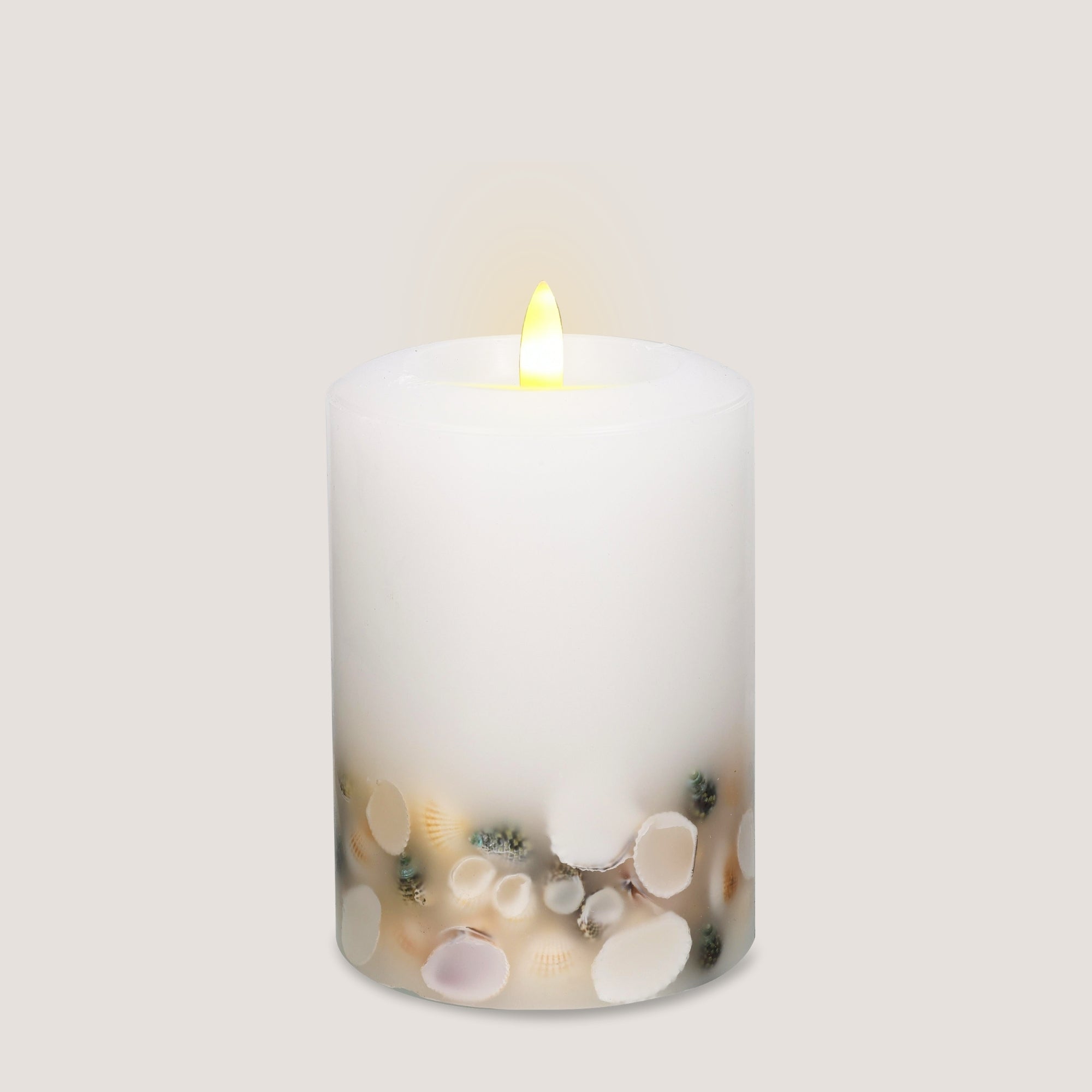 Signature Coastal White Flameless Pillar Candles with Seashell Embed