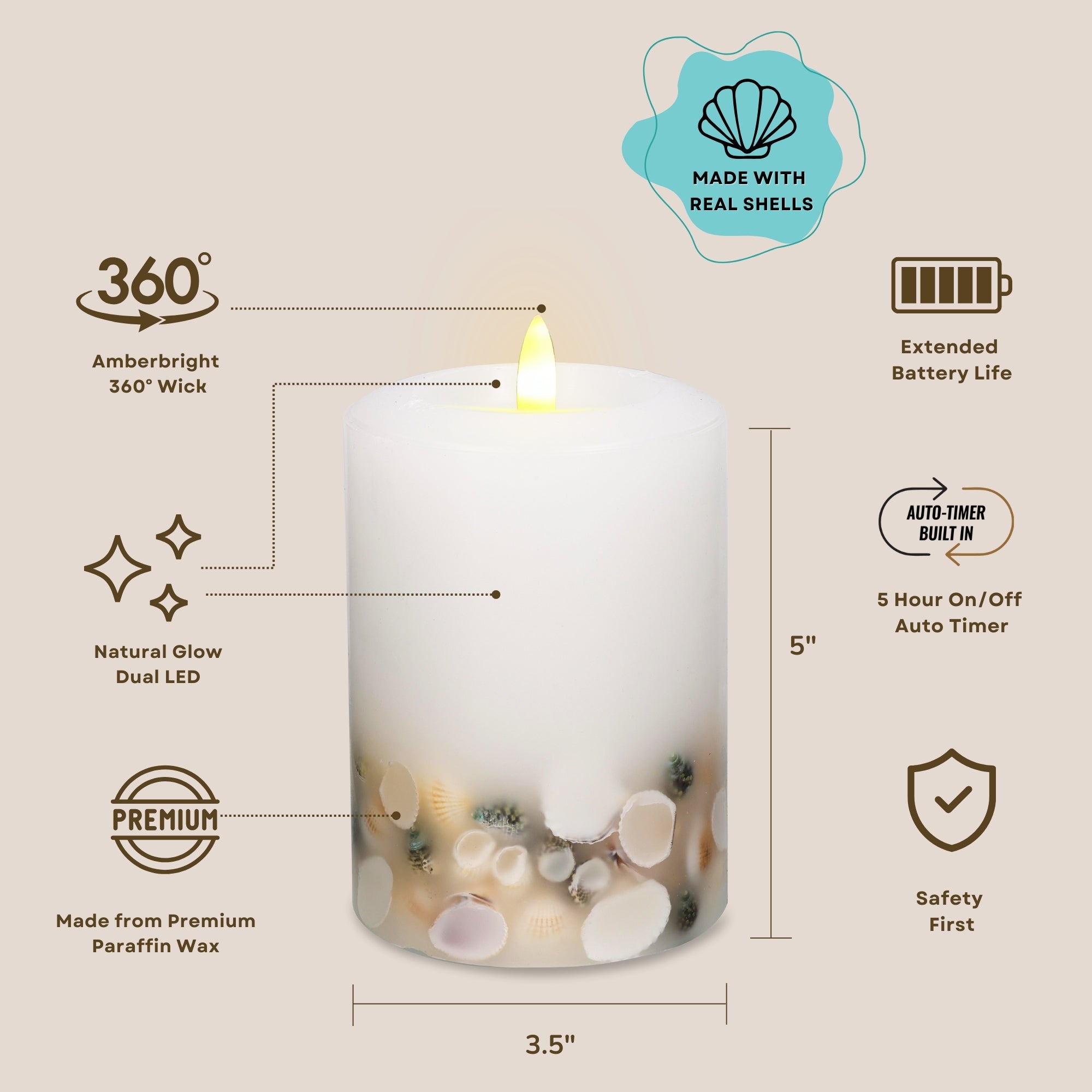 Signature Coastal White Flameless Pillar Candles with Seashell Embed