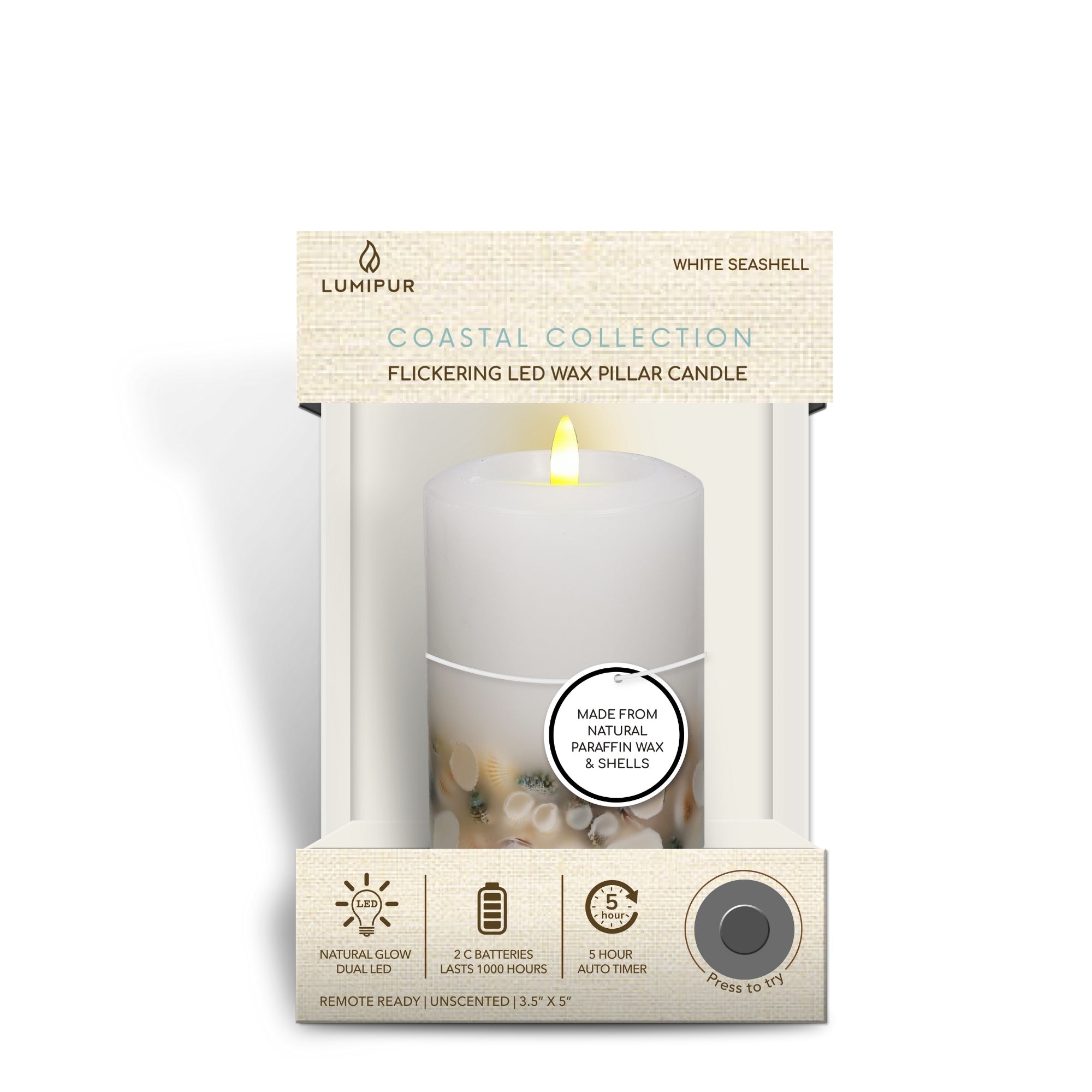 Signature Coastal White Flameless Pillar Candles with Seashell Embed