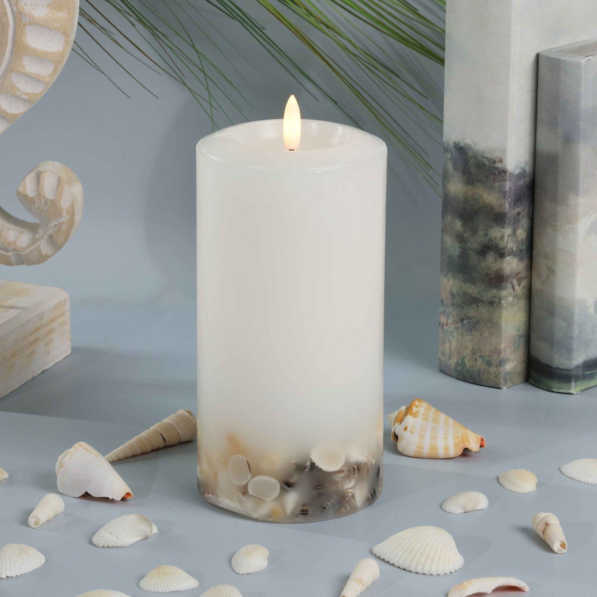 Signature Coastal White Flameless Pillar Candles with Seashell Embed