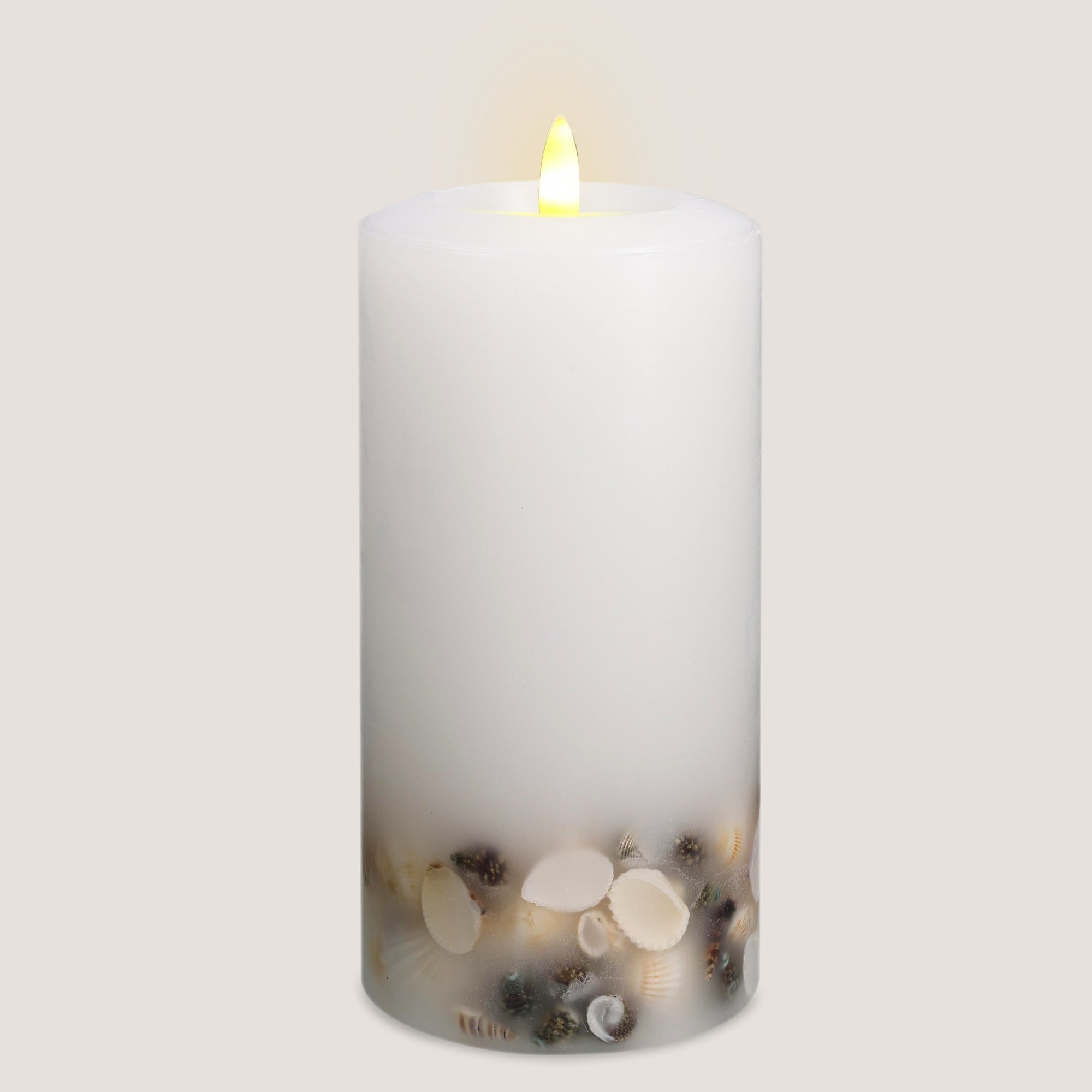 Signature Coastal White Flameless Pillar Candles with Seashell Embed