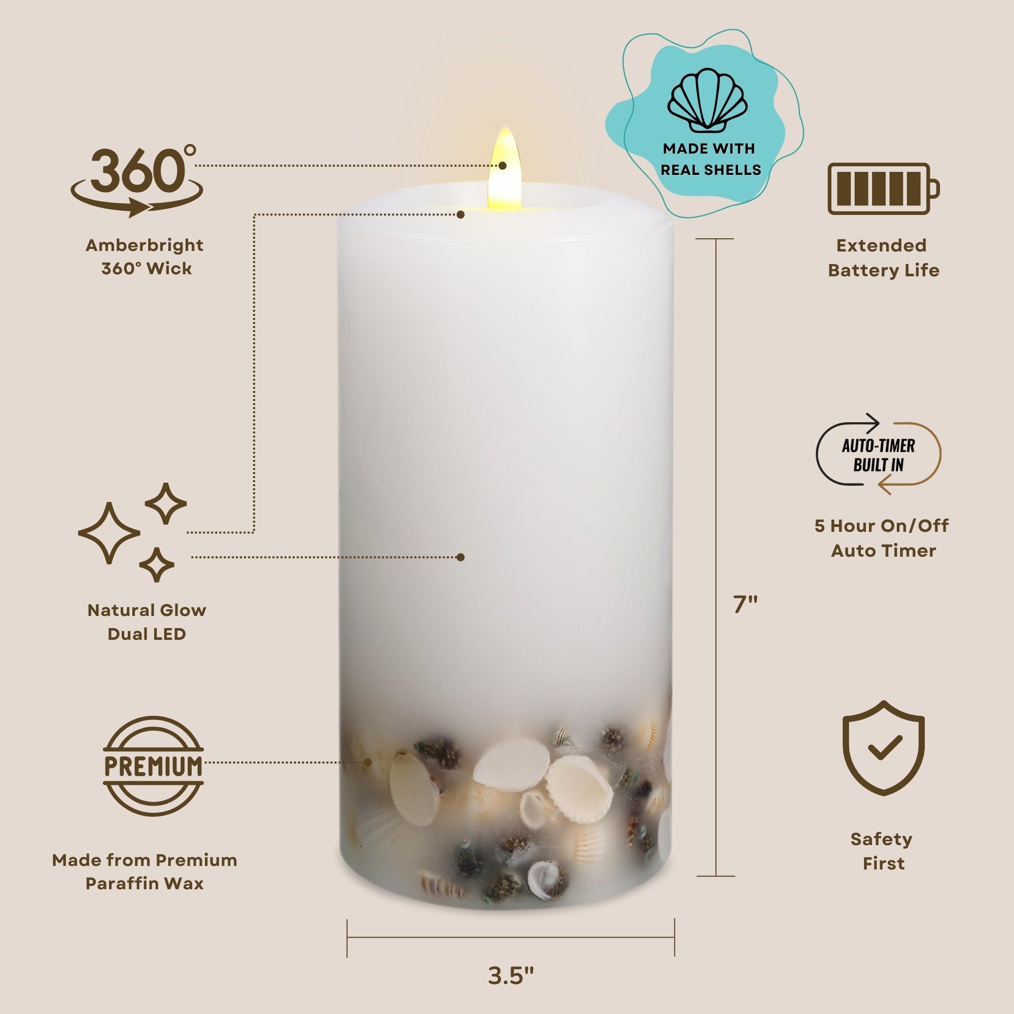 Signature Coastal White Flameless Pillar Candles with Seashell Embed