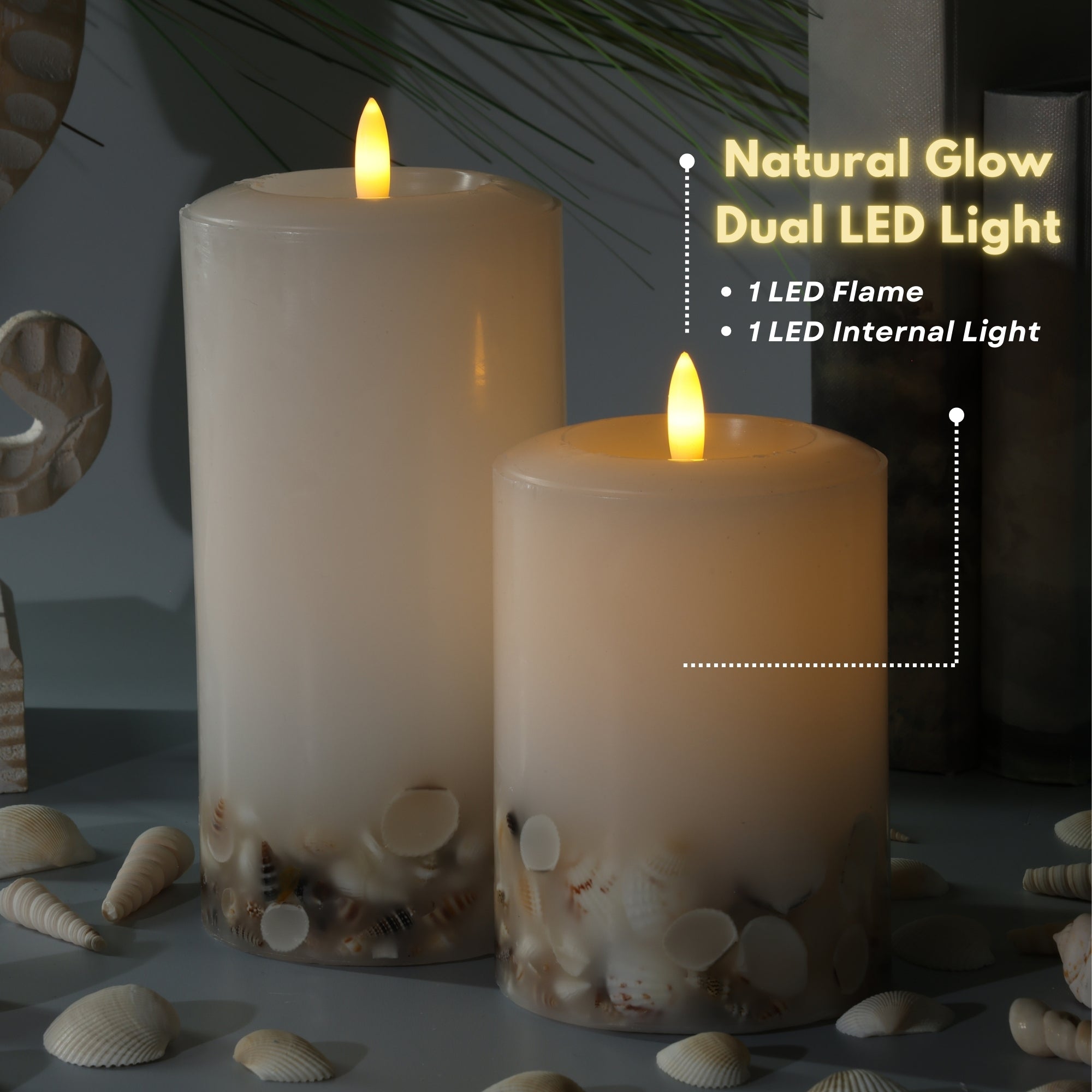 Signature Coastal White Flameless Pillar Candles with Seashell Embed