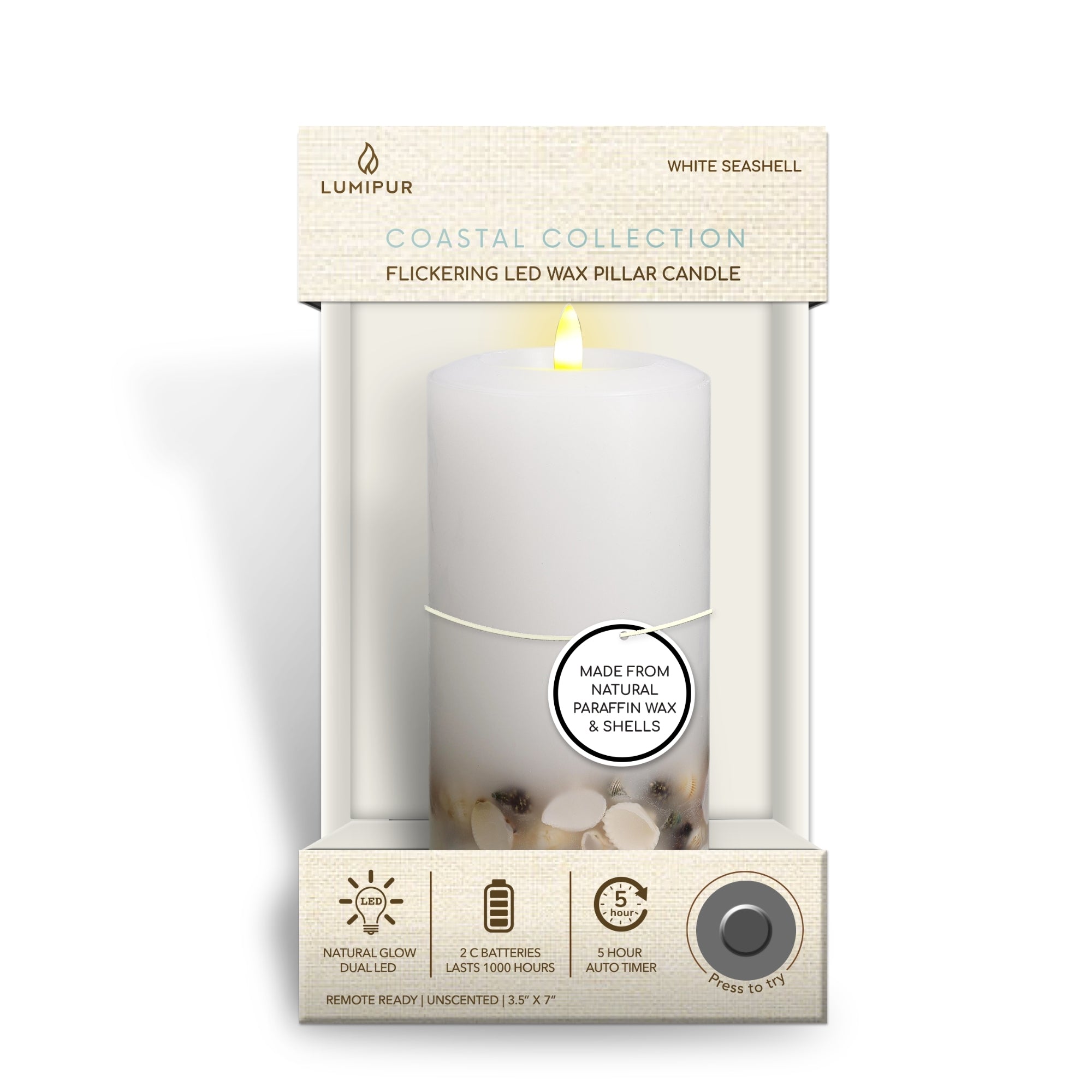 Signature Coastal White Flameless Pillar Candles with Seashell Embed