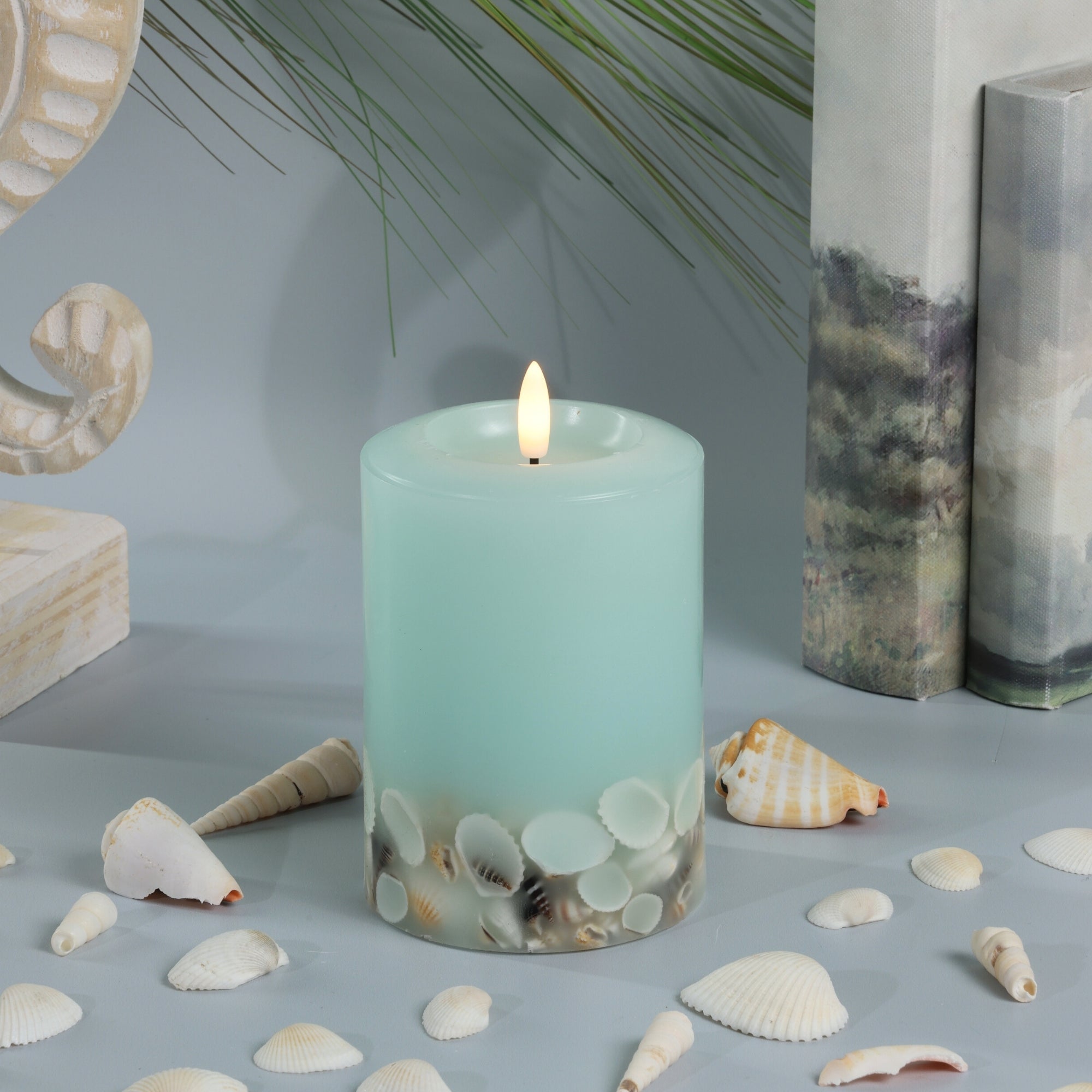 Signature Coastal Sea Foam Green Flameless Pillar Candles with Seashell Embed