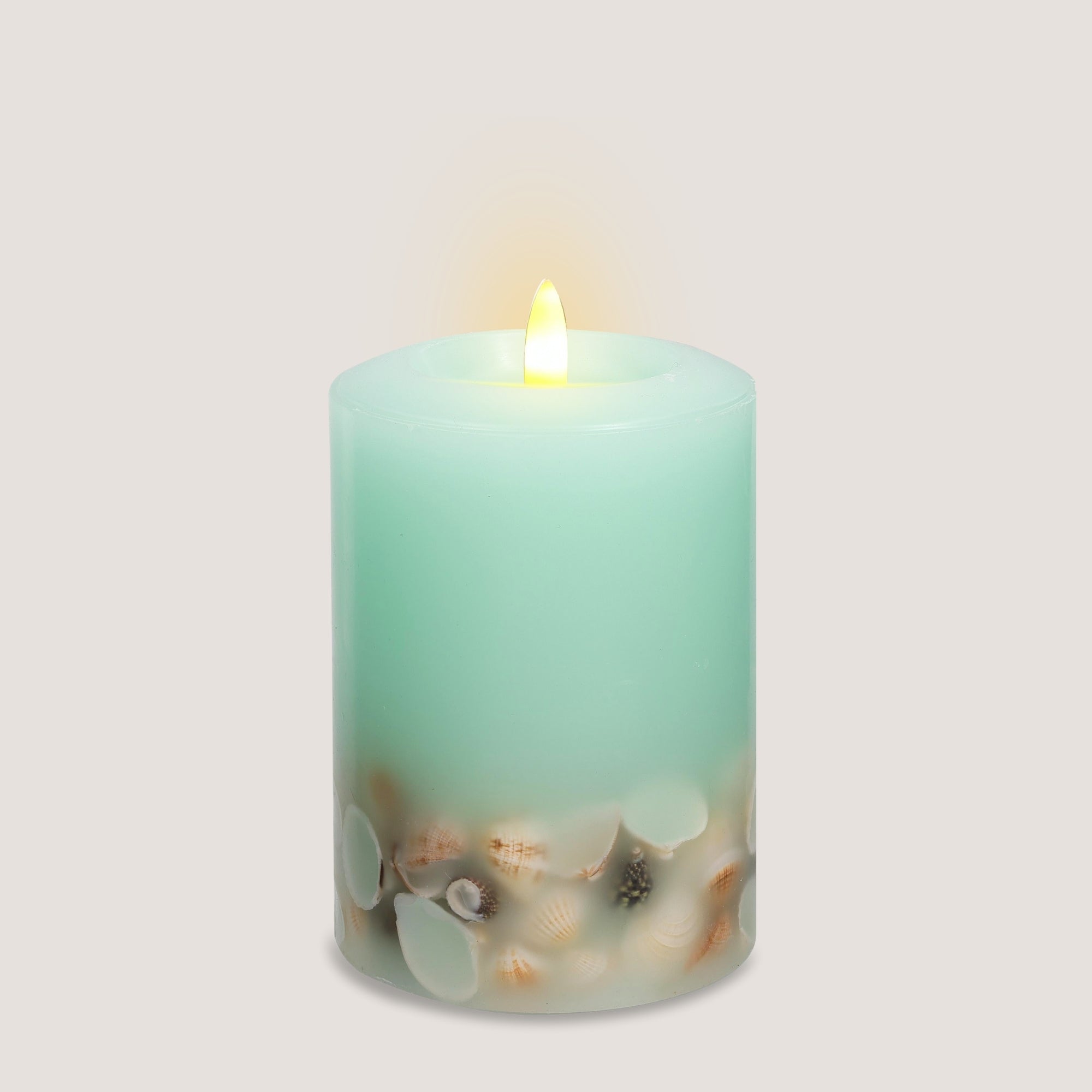 Signature Coastal Sea Foam Green Flameless Pillar Candles with Seashell Embed